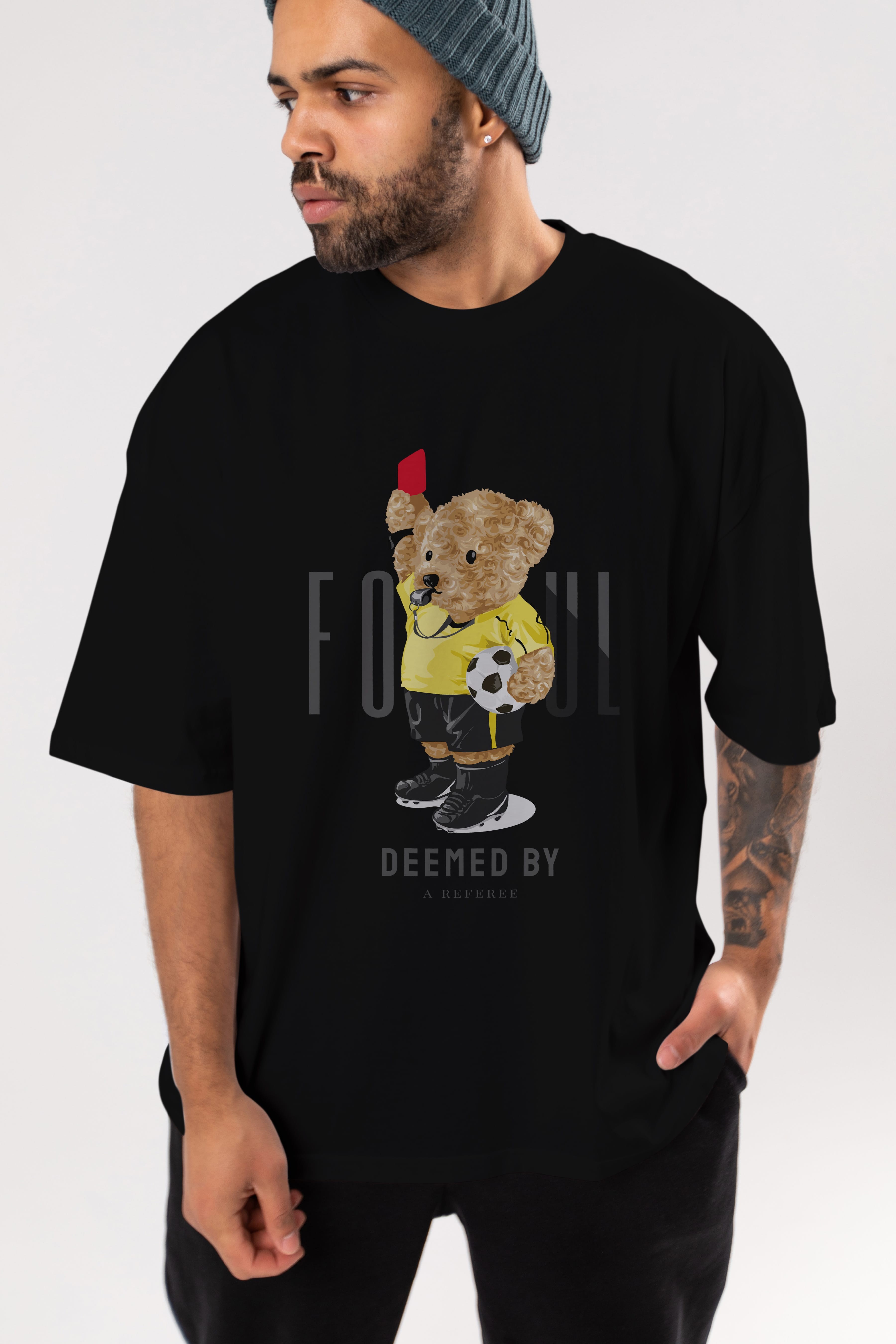Teddy Bear Kırmızı Kart Ön Baskılı Oversize t-shirt Erkek Kadın Unisex %100 Pamuk