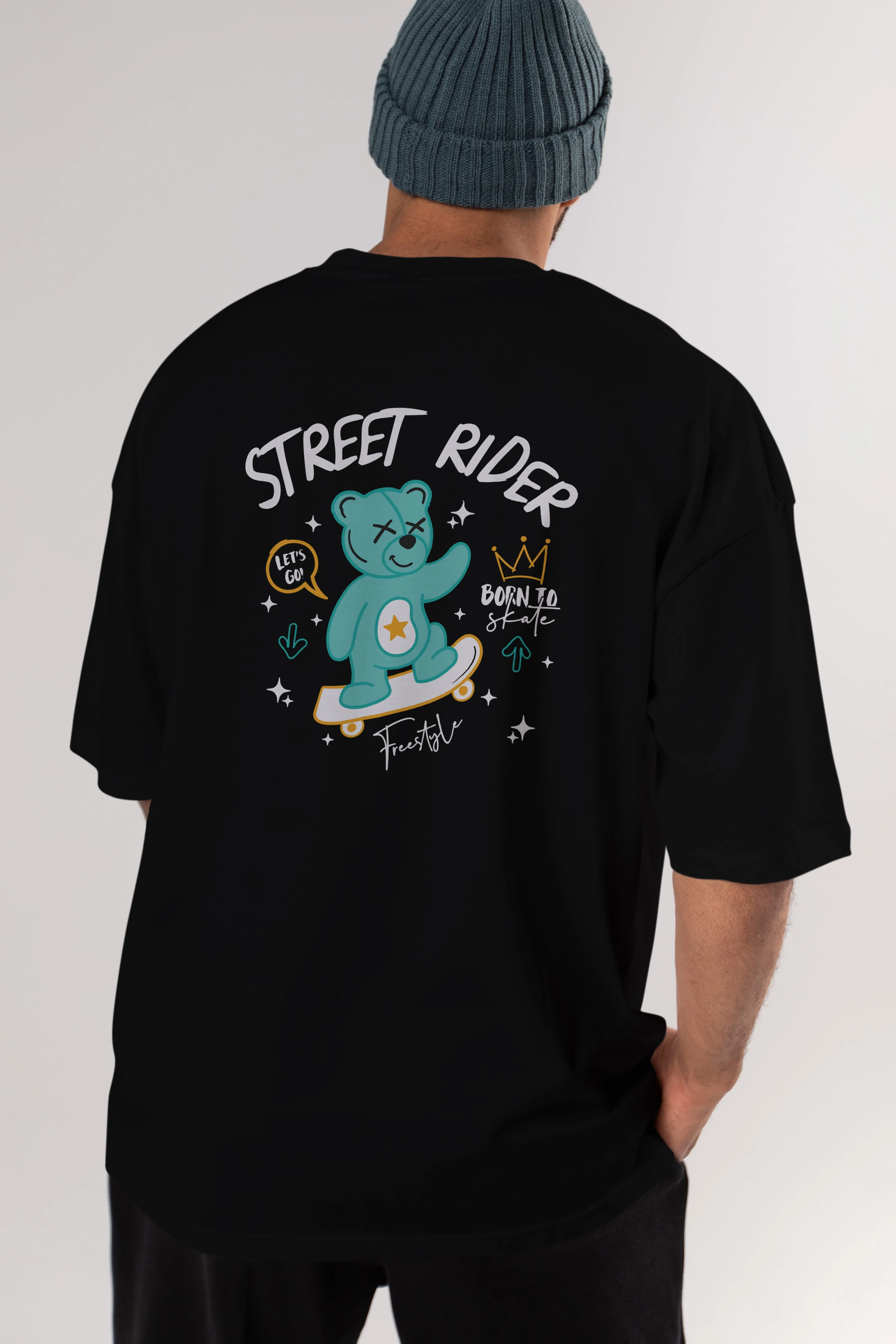 Street Rider Bear Arka Baskılı Oversize t-shirt Erkek Kadın Unisex