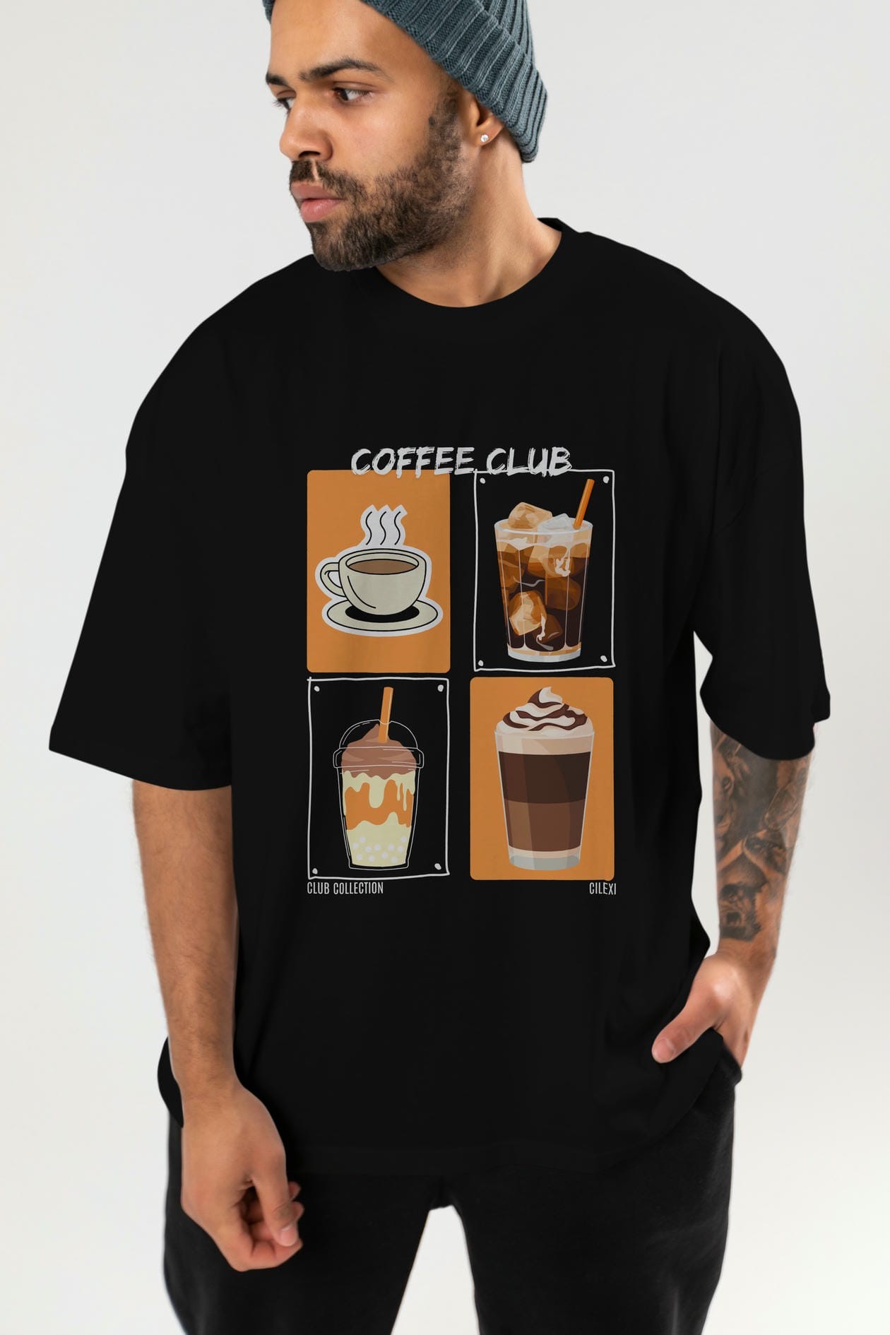 Coffee Club ön Baskılı Oversize t-shirt Erkek Kadın %100 Pamuk Bisiklet Yaka tişort