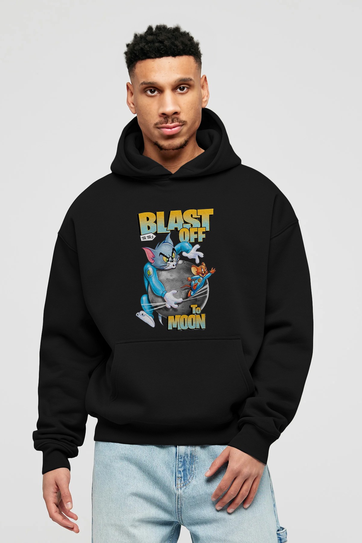 Tom ve Jerry Ön Baskılı Hoodie Oversize Kapüşonlu Sweatshirt Erkek Kadın Unisex