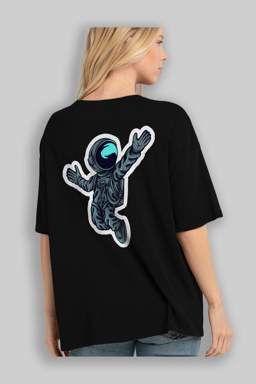 Happy Astronaut Sticker Arka Baskılı Oversize t-shirt Erkek Kadın Unisex