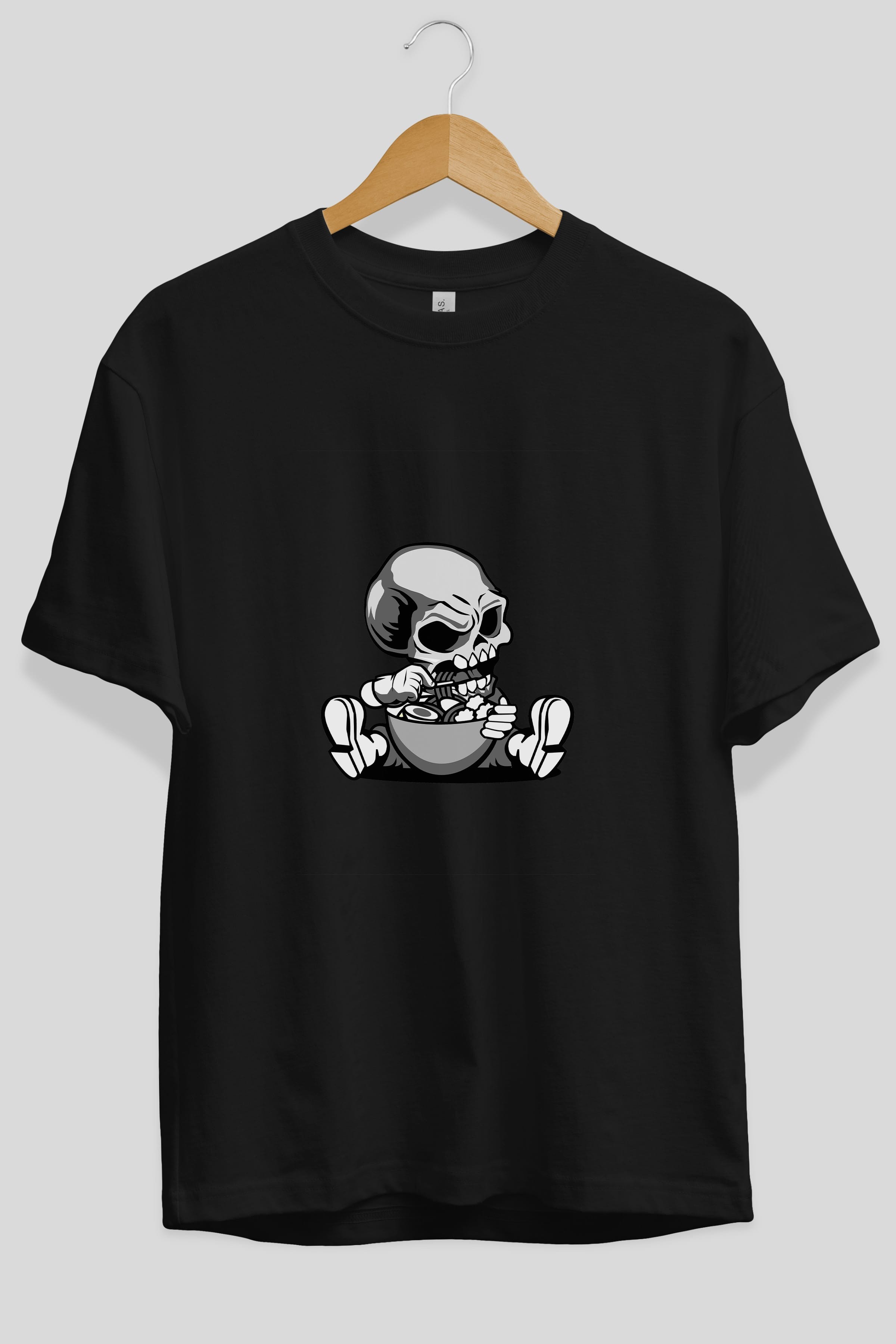 Skull Eat Ramen Ön Baskılı Oversize t-shirt Erkek Kadın Unisex %100 Pamuk tişort