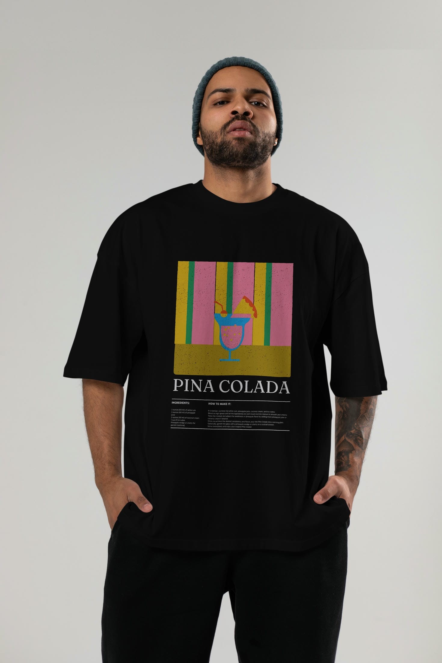 Pina Colada Kokteyl Ön Baskılı Oversize t-shirt Erkek Kadın %100 Pamuk Bisiklet Yaka tişort