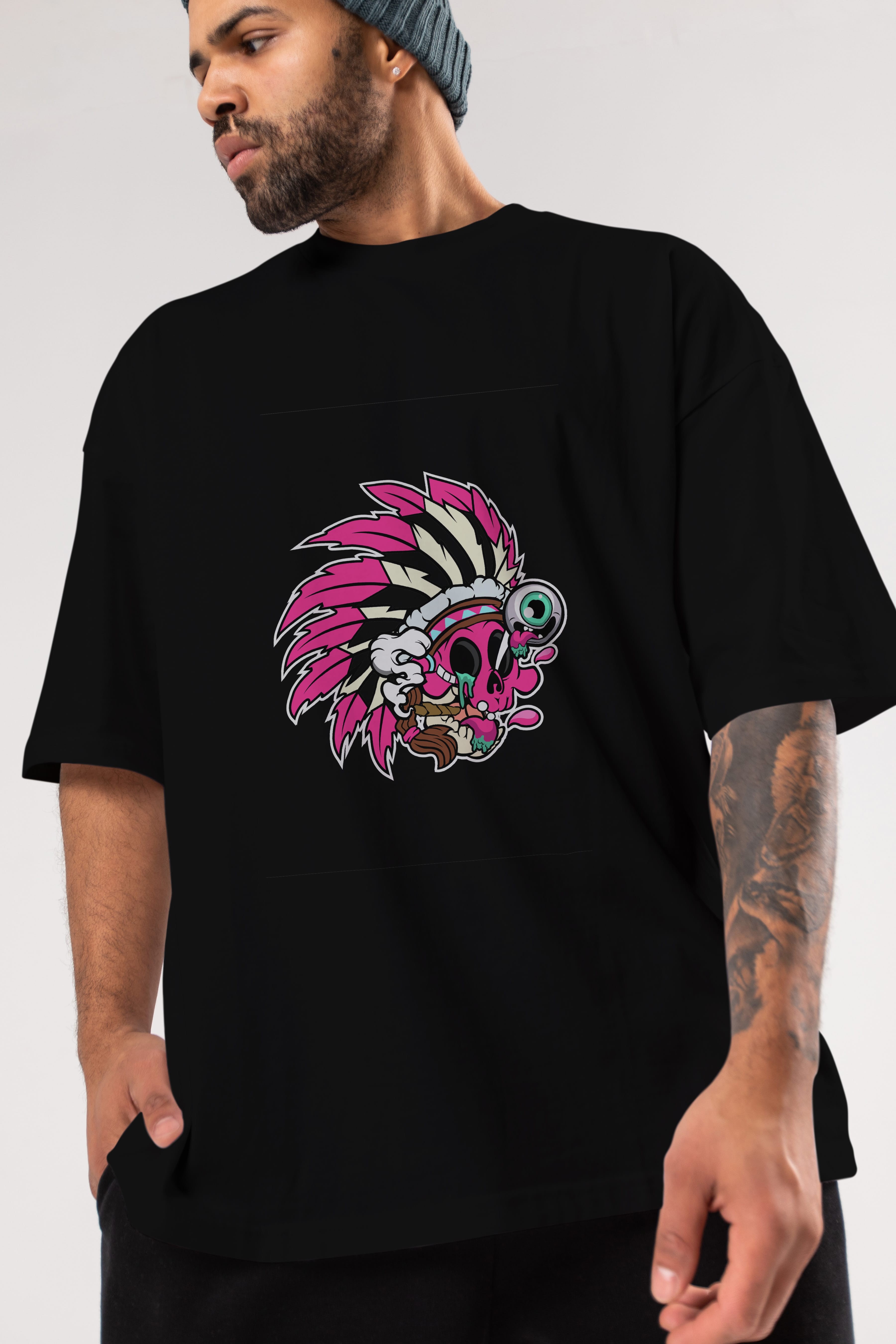 Skull Indian Ön Baskılı Oversize t-shirt Erkek Kadın Unisex %100 Pamuk tişort