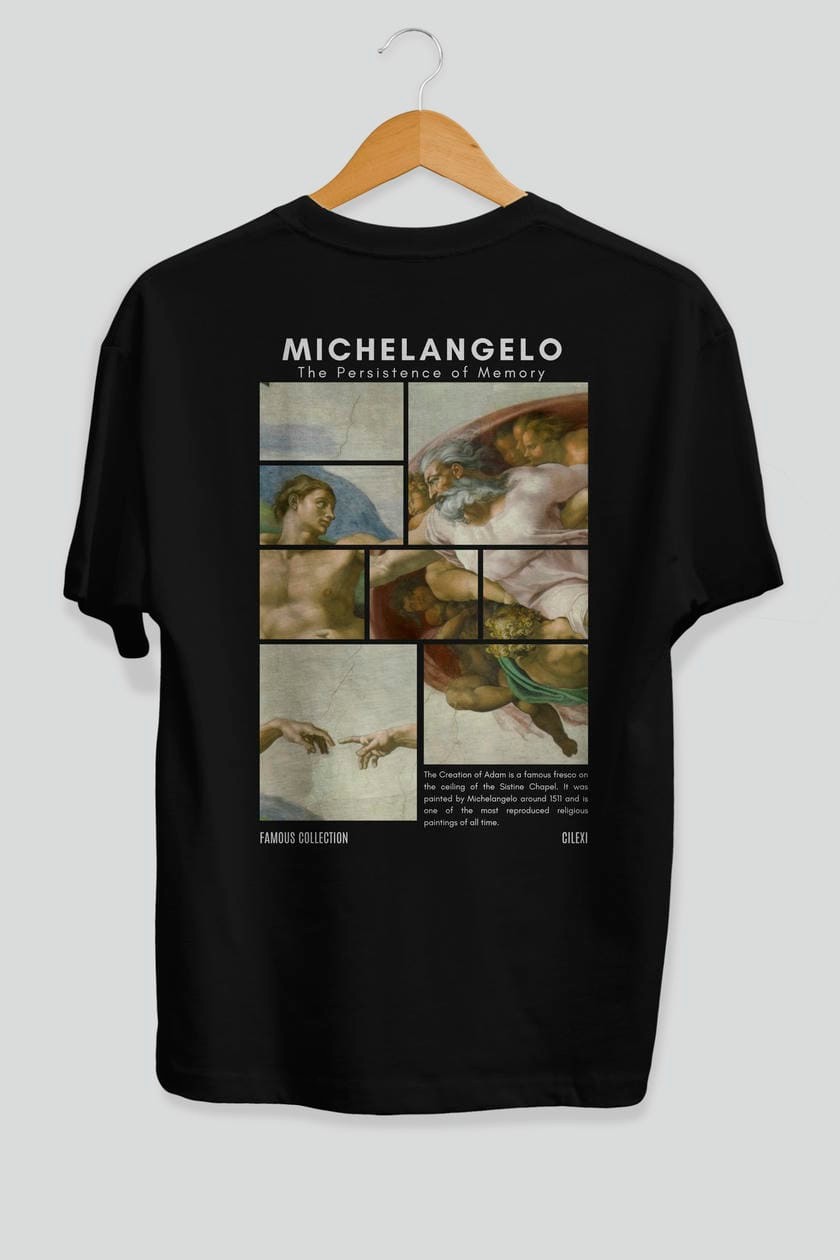 Michelangelo Arka Baskılı Oversize t-shirt Erkek Kadın Bisiklet Yaka Pamuk tişort