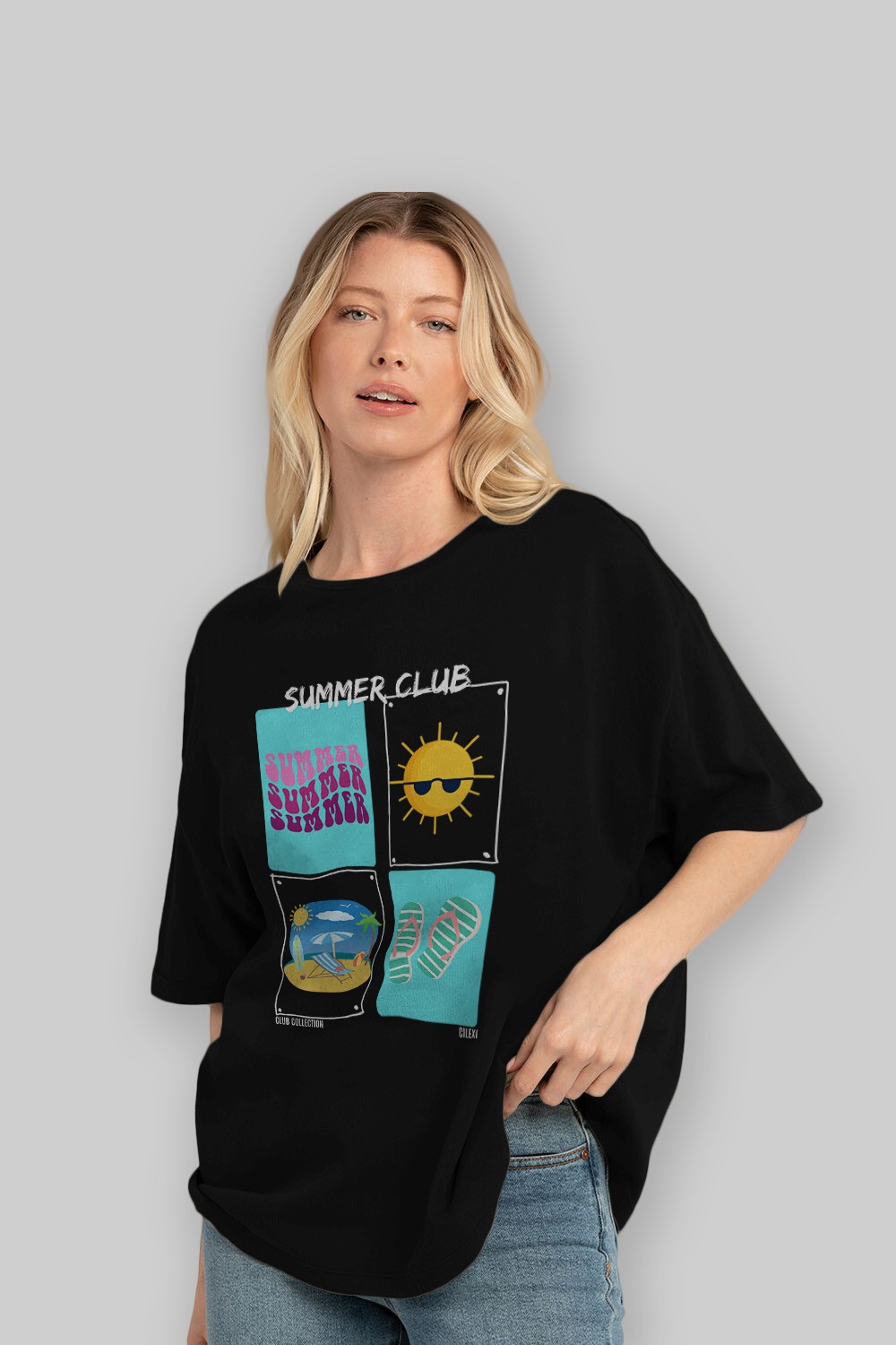 Summer Club ön Baskılı Oversize t-shirt Erkek Kadın %100 Pamuk Bisiklet Yaka tişort