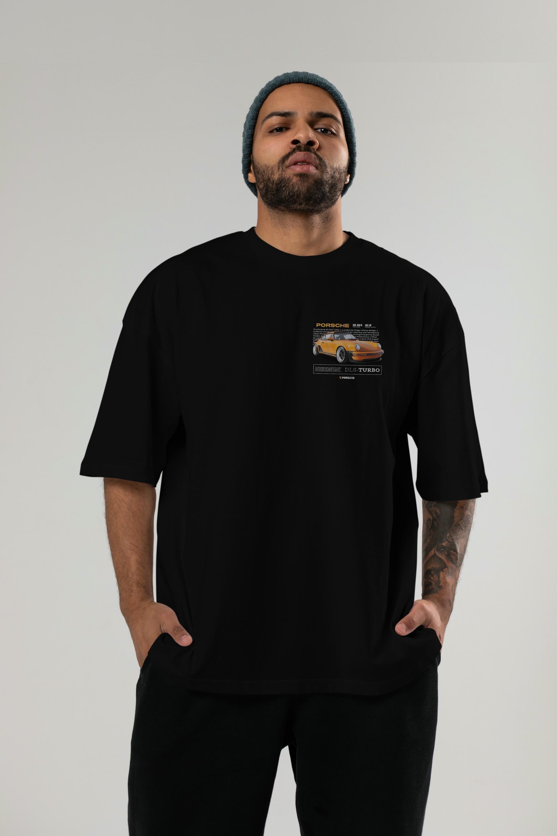 PORSCHE DLS-TURBO Ön Sol Baskılı Oversize t-shirt Erkek Kadın Unisex %100 Pamuk Bisiklet Yaka tişort