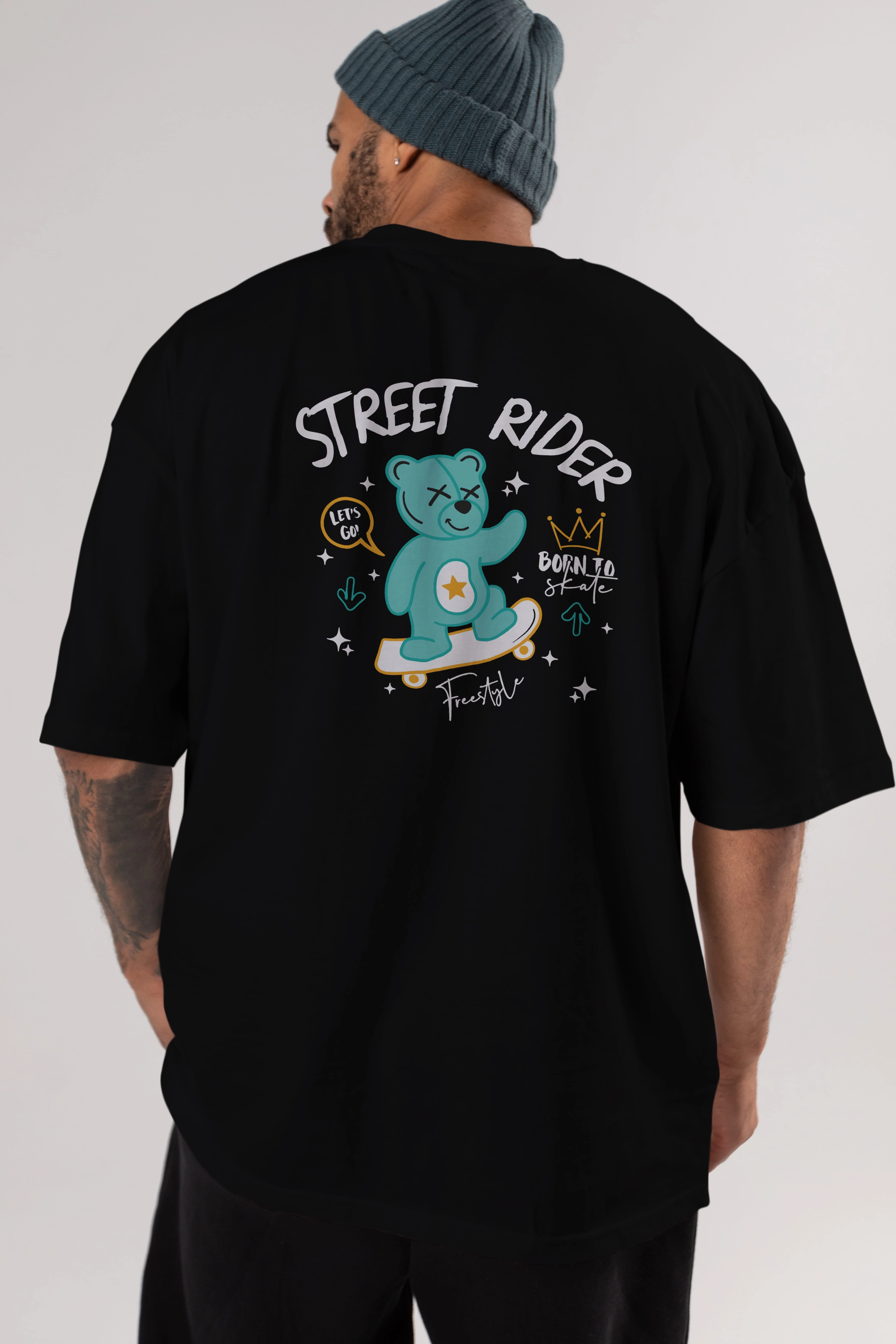 Street Rider Bear Arka Baskılı Oversize t-shirt Erkek Kadın Unisex
