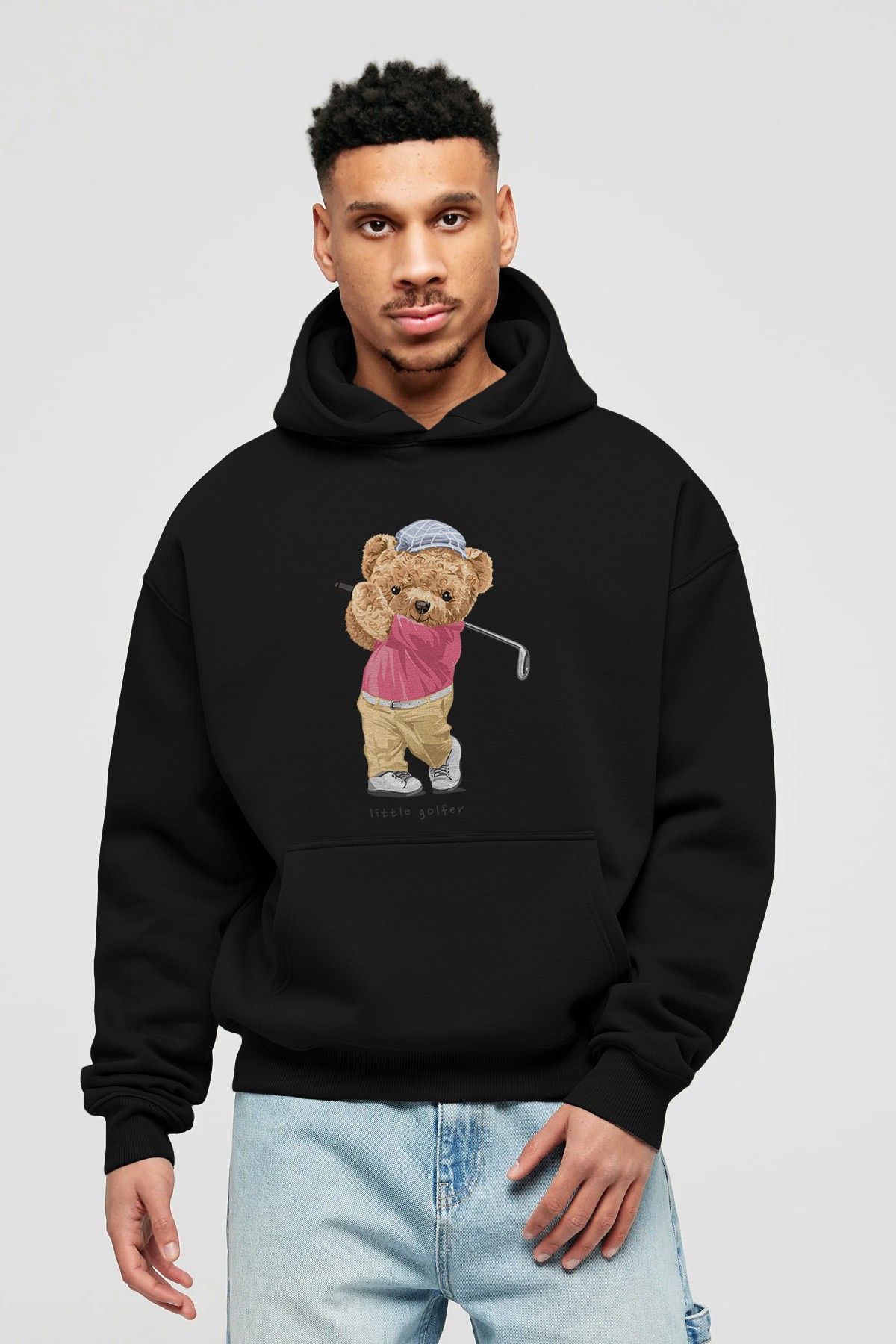 Teddy Bear Little Golfer Ön Baskılı Hoodie Oversize Kapüşonlu Sweatshirt Erkek Kadın Unisex