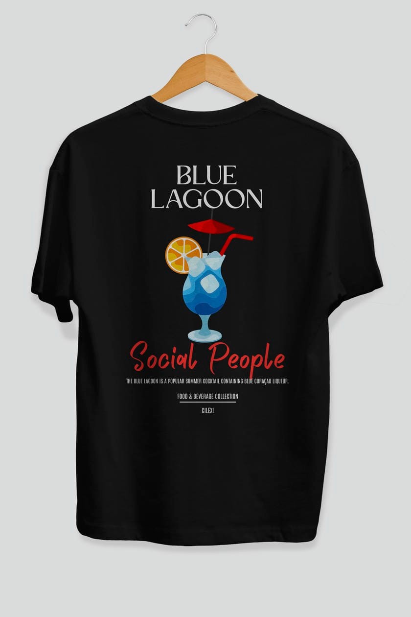 Blue Lagoon Kokteyl Serisi Baskılı Oversize t-shirt Erkek Kadın Unisex %100 Pamuk Bisiklet Yaka tişort