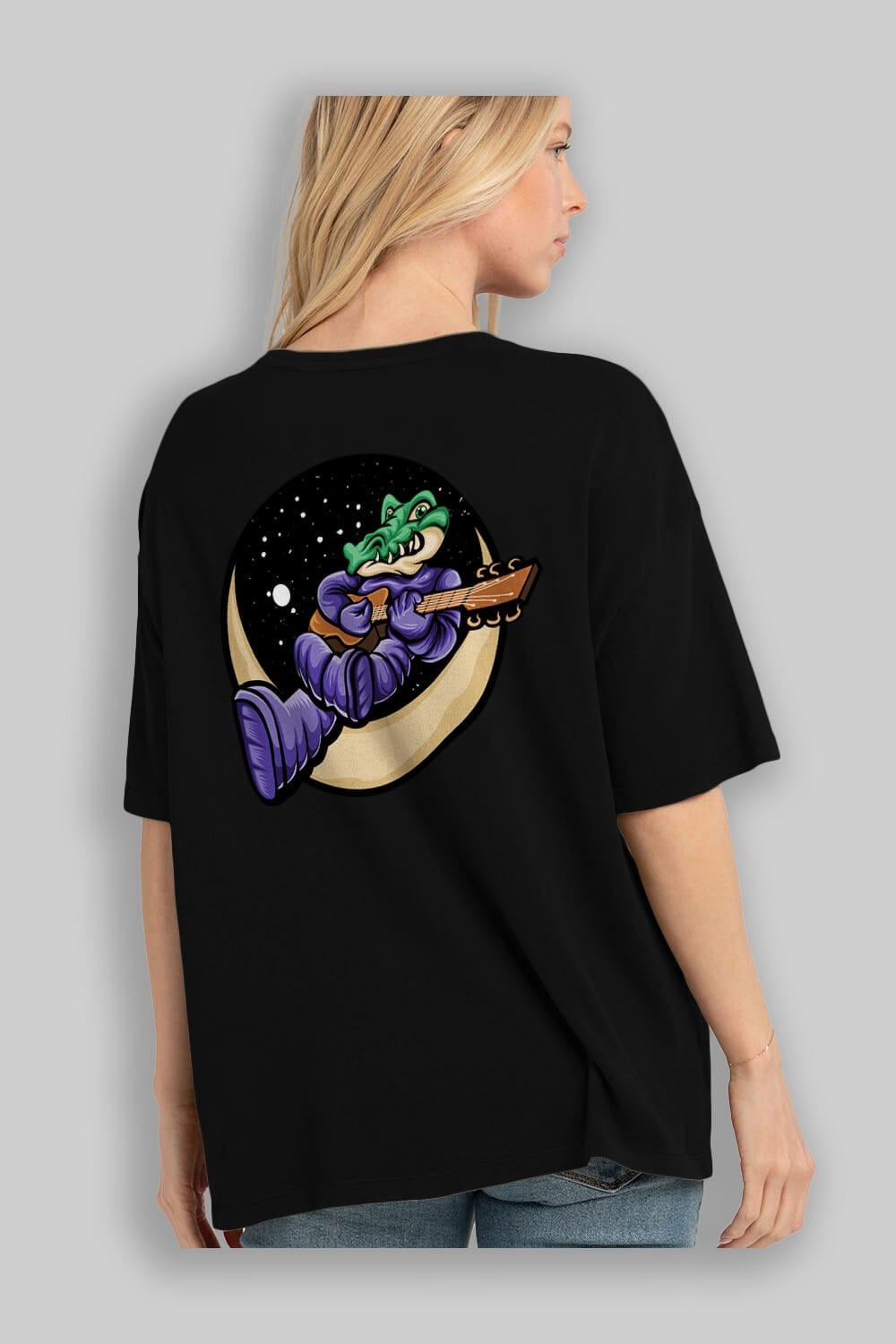 Space Crocodile Arka Baskılı Oversize t-shirt Erkek Kadın Unisex