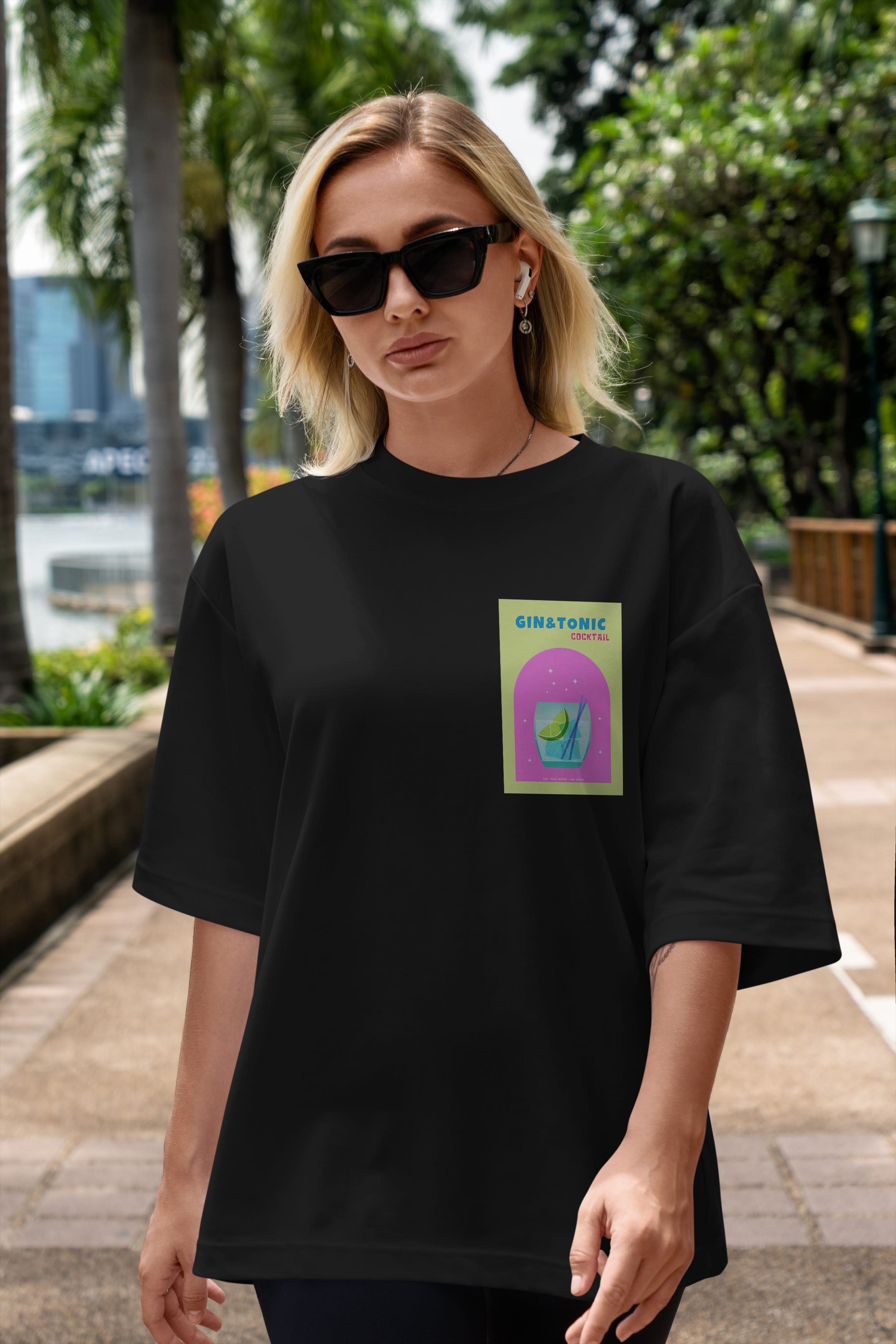 Gin Tonic Cocktail Ön Sol Baskılı Oversize t-shirt Erkek Kadın Unisex %100 Pamuk Bisiklet Yaka tişort