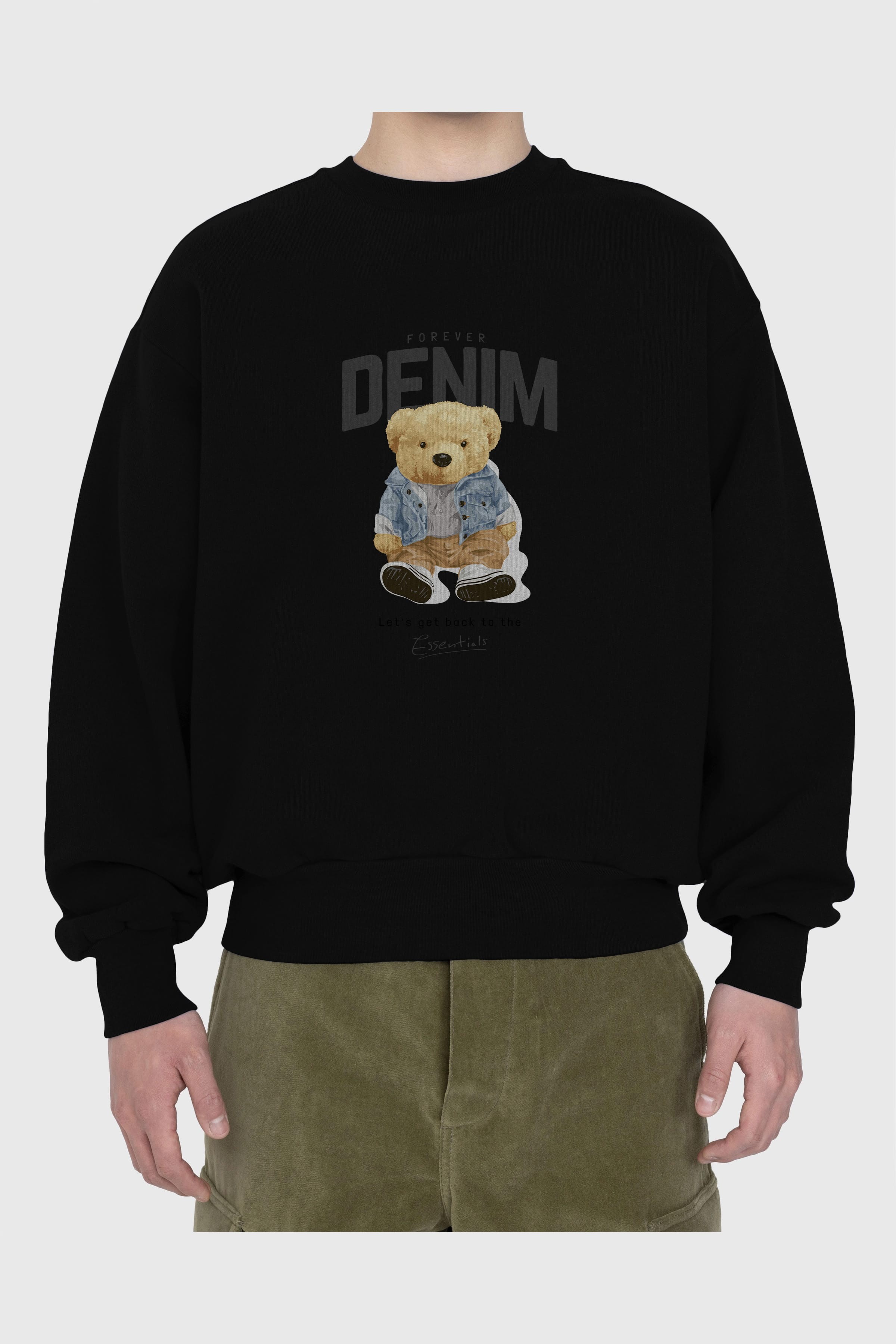 Teddy Bear Forever Denim Ön Baskılı Oversize Sweatshirt Erkek Kadın Unisex