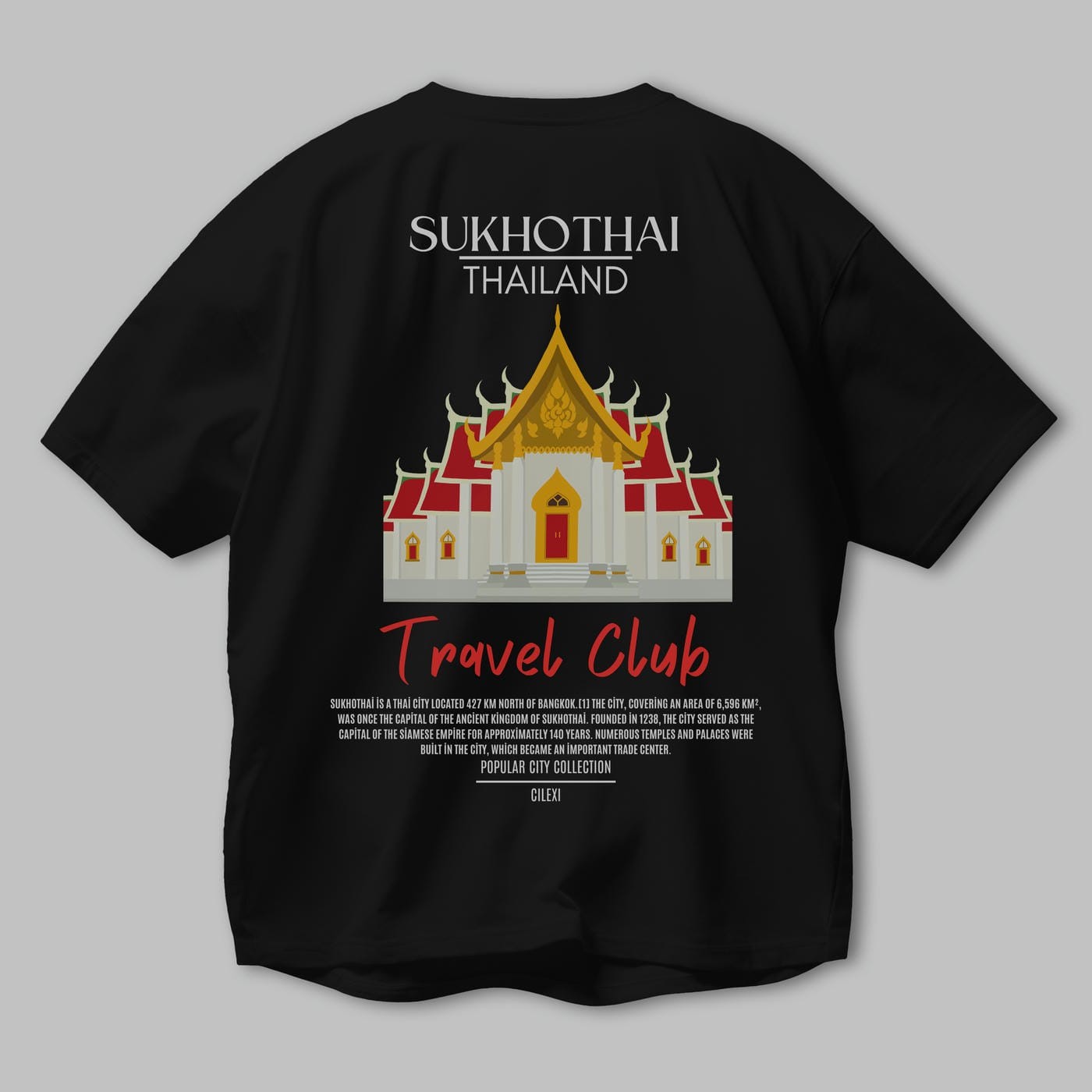 Sukhothai Thailand Arka Baskılı Oversize t-shirt Erkek Kadın Pamuk Bisiklet Yaka tişort