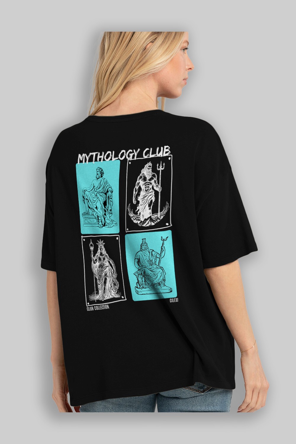 Mythology Club Arka Baskılı Oversize t-shirt Erkek Kadın %100 Pamuk Bisiklet Yaka tişort