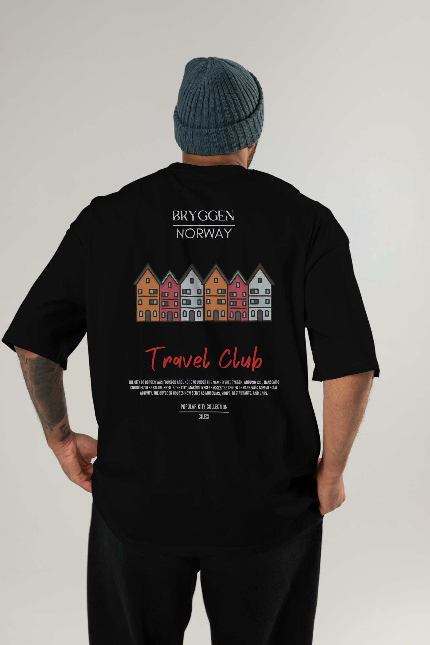 Bryggen Norway Arka Baskılı Oversize t-shirt Erkek Kadın Pamuk Bisiklet Yaka tişort