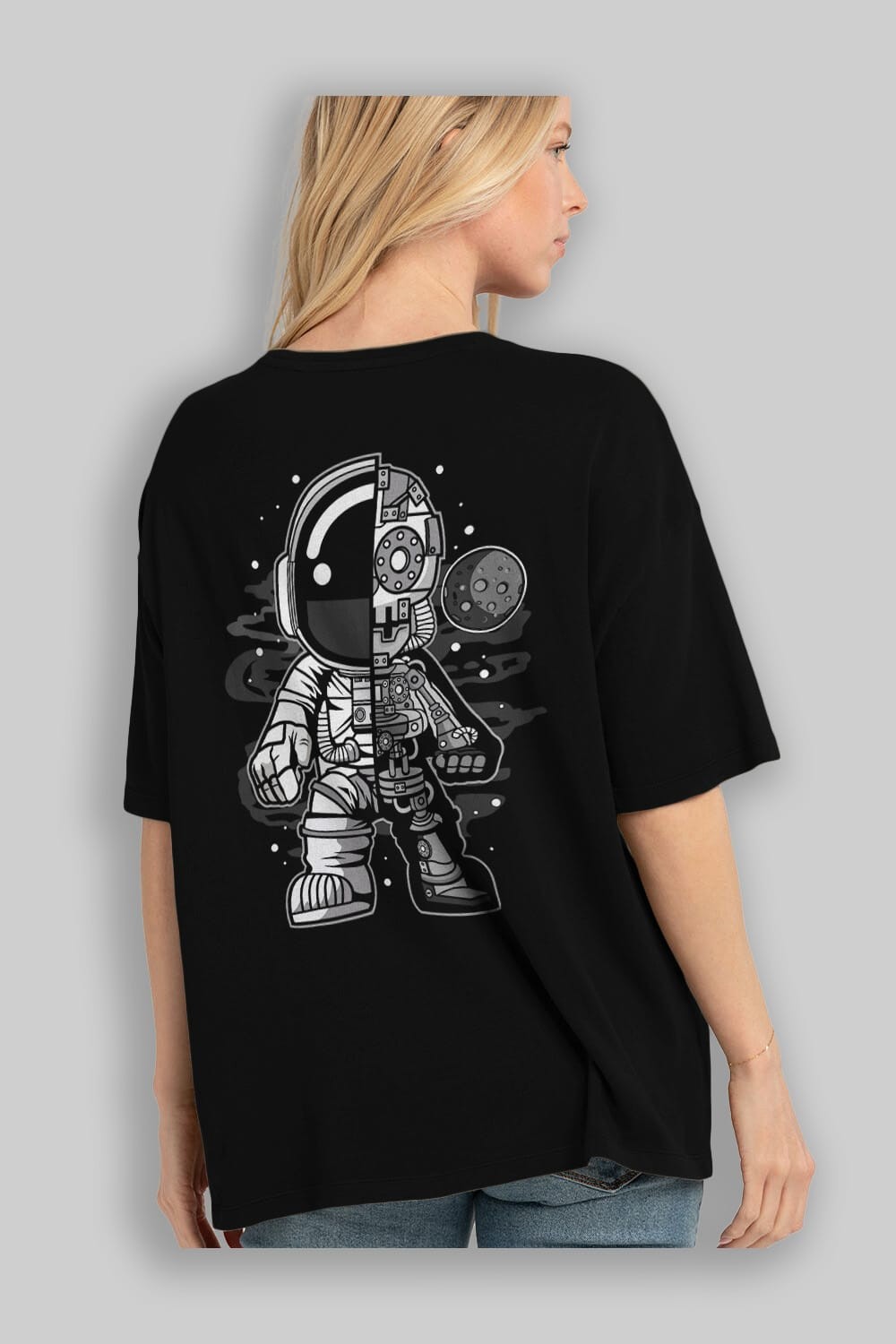 Astronaut Half Robot Arka Baskılı Oversize t-shirt Erkek Kadın Unisex