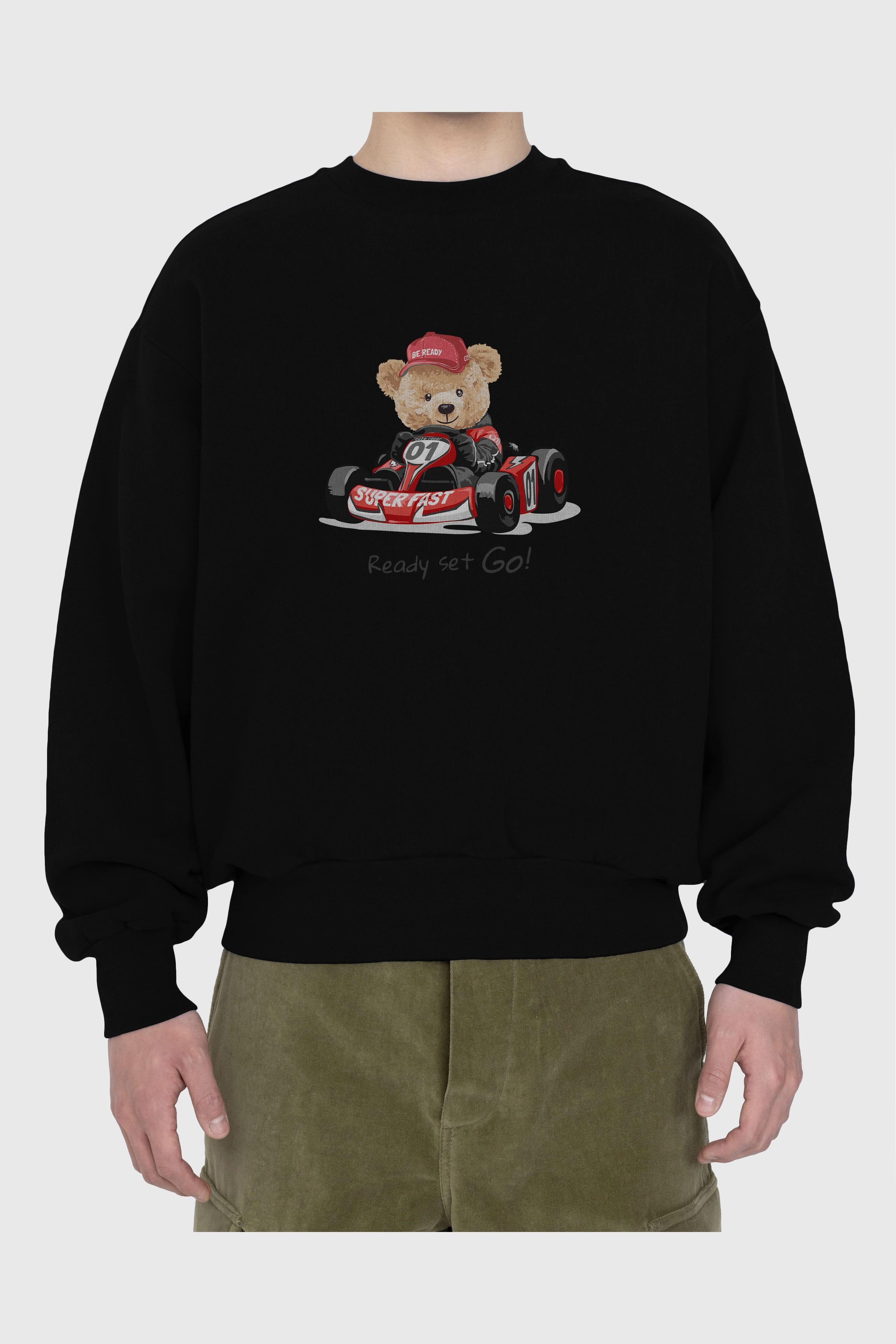 Teddy Bear Ready Set Go Ön Baskılı Oversize Sweatshirt Erkek Kadın Unisex