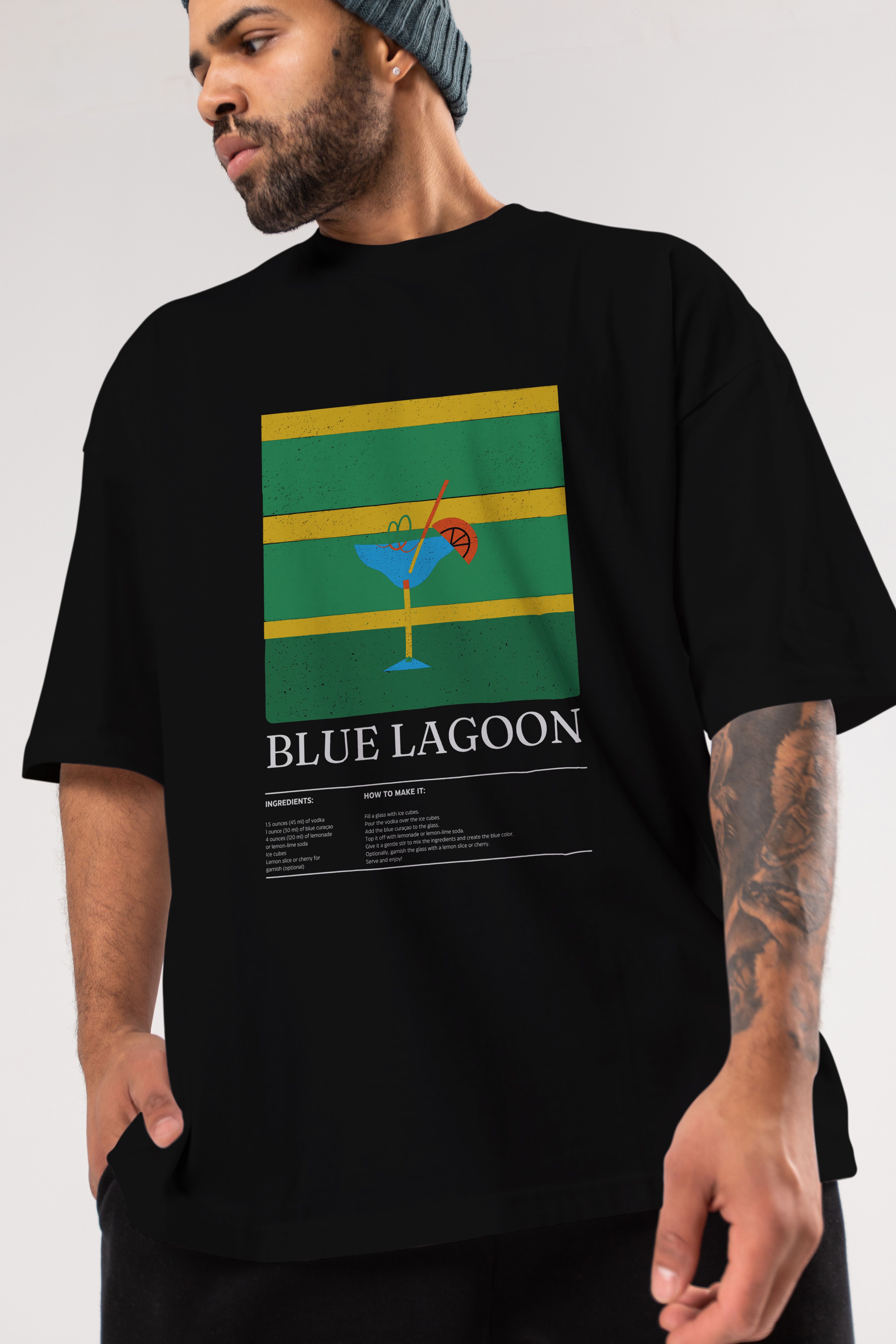 Blue Lagoon Kokteyl Ön Baskılı Oversize t-shirt Erkek Kadın %100 Pamuk Bisiklet Yaka tişort