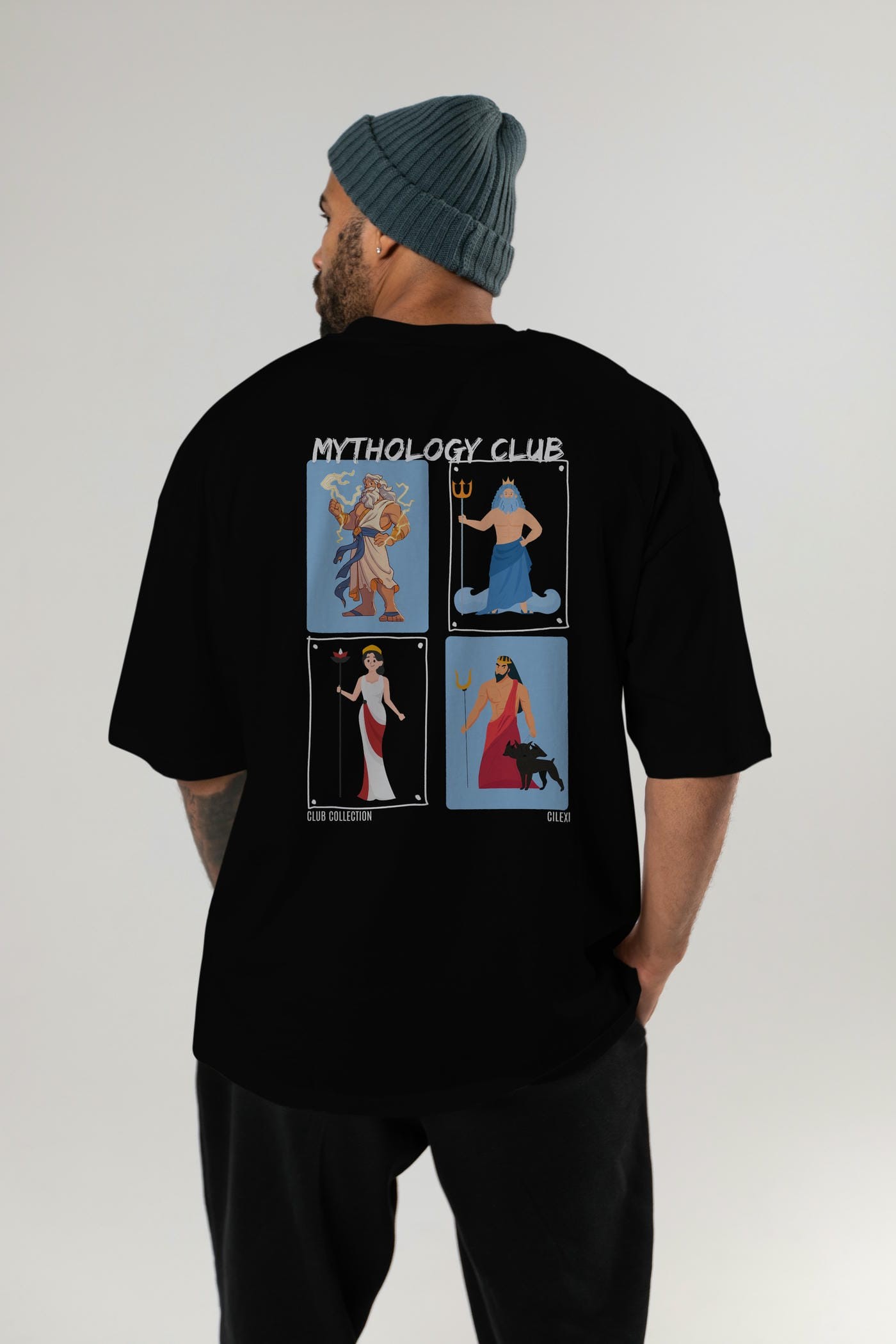 Mythology Club 2 Arka Baskılı Oversize t-shirt Erkek Kadın %100 Pamuk Bisiklet Yaka tişort