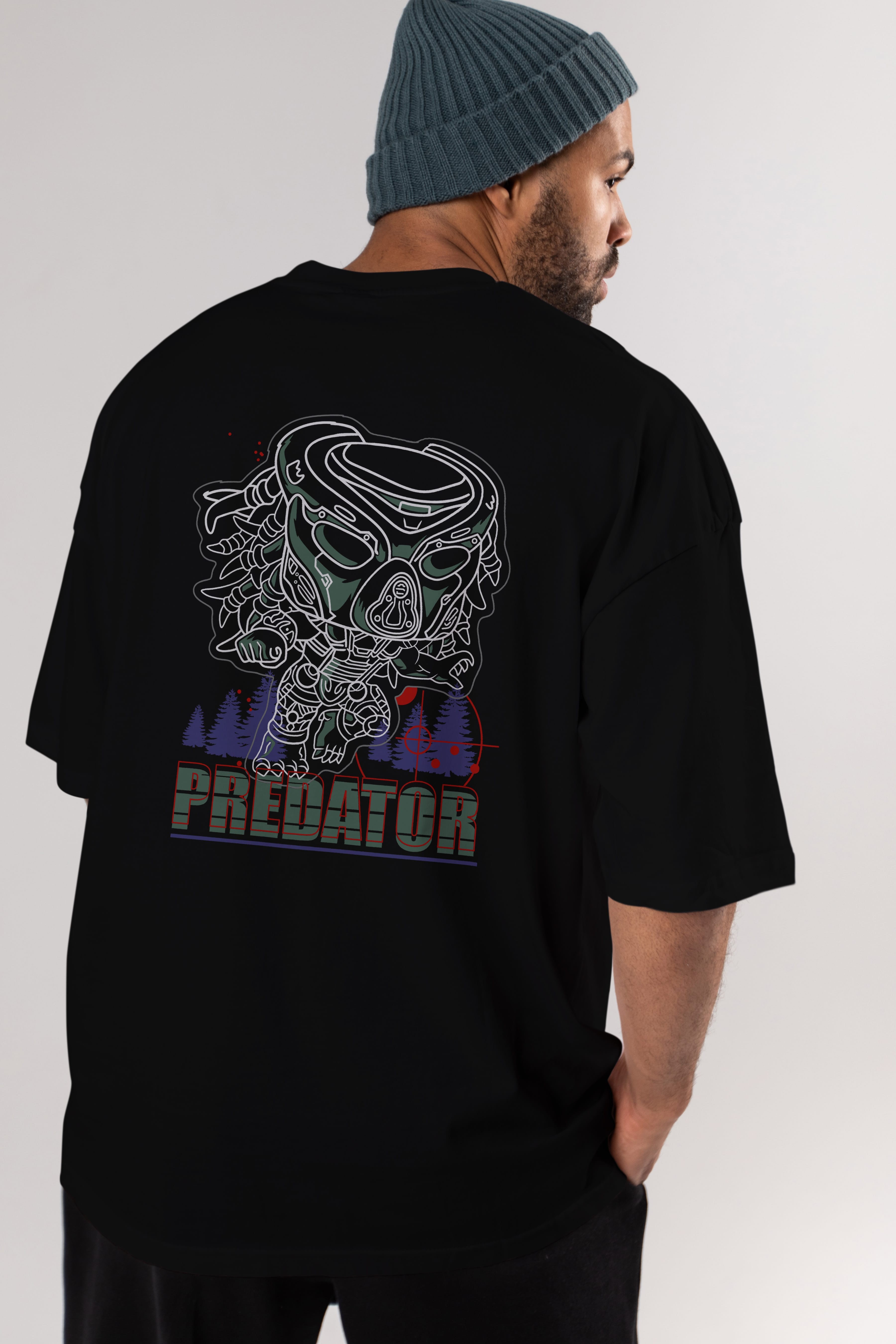 Predator Arka Baskılı Oversize t-shirt Erkek Kadın Unisex %100 Pamuk Bisiklet Yaka tişort