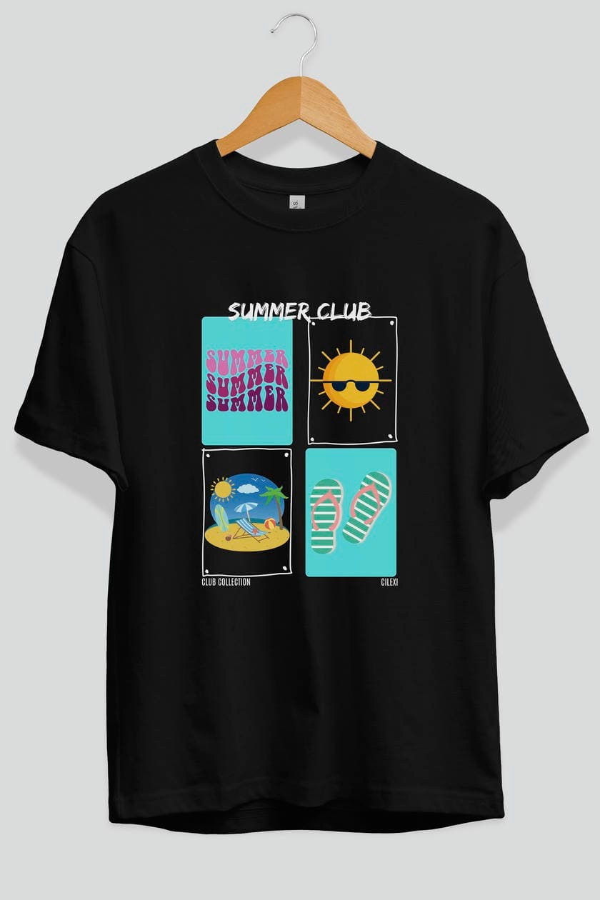 Summer Club ön Baskılı Oversize t-shirt Erkek Kadın %100 Pamuk Bisiklet Yaka tişort