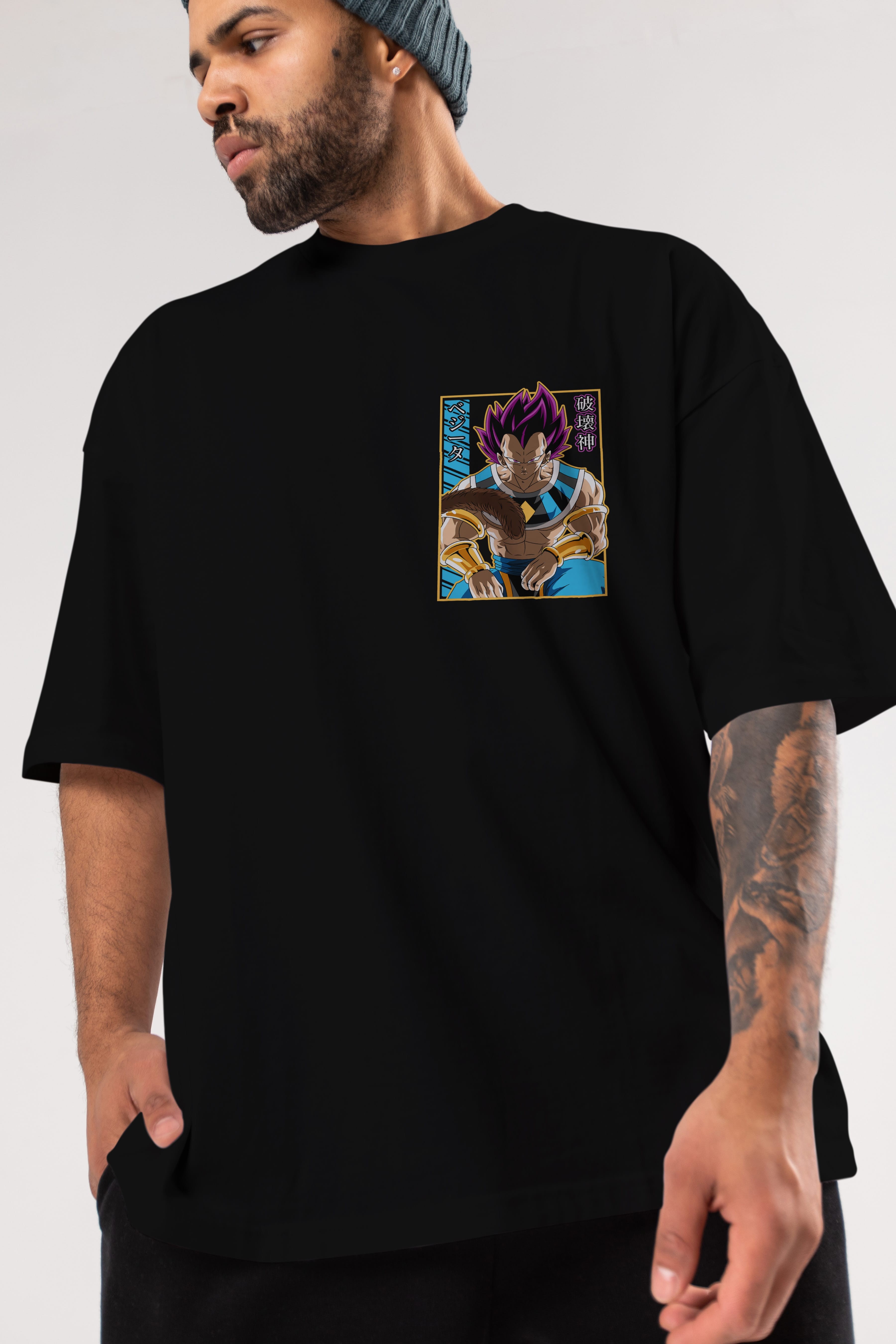 DragonBall VegetaHakaishin Ön Sol Baskılı Oversize t-shirt Erkek Kadın Unisex %100 Pamuk Bisiklet Yaka tişort