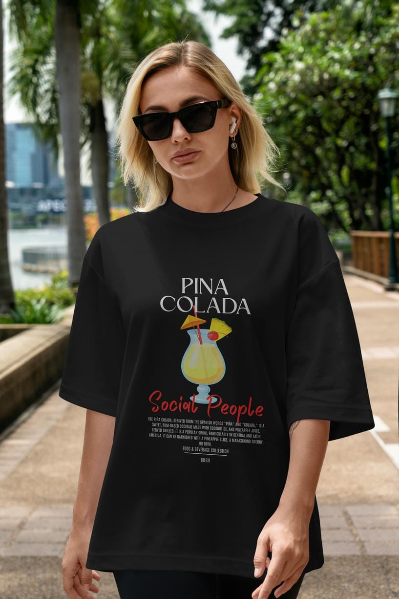 Pına Colada Kokteyl Serisi ön Baskılı Oversize t-shirt Erkek Kadın %100 Pamuk Bisiklet Yaka tişort