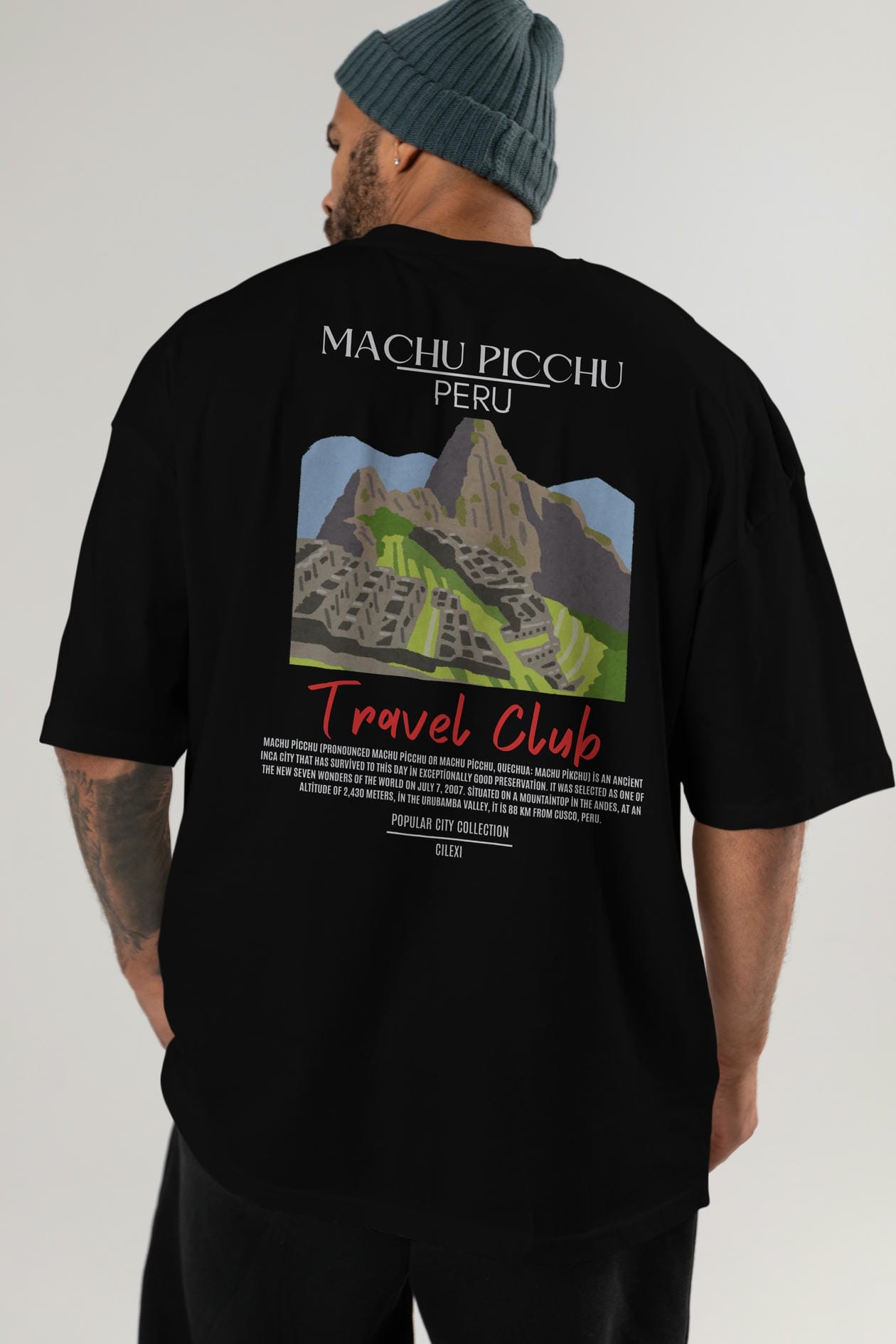 Machu Picchu Peru Arka Baskılı Oversize t-shirt Erkek Kadın Pamuk Bisiklet Yaka tişort