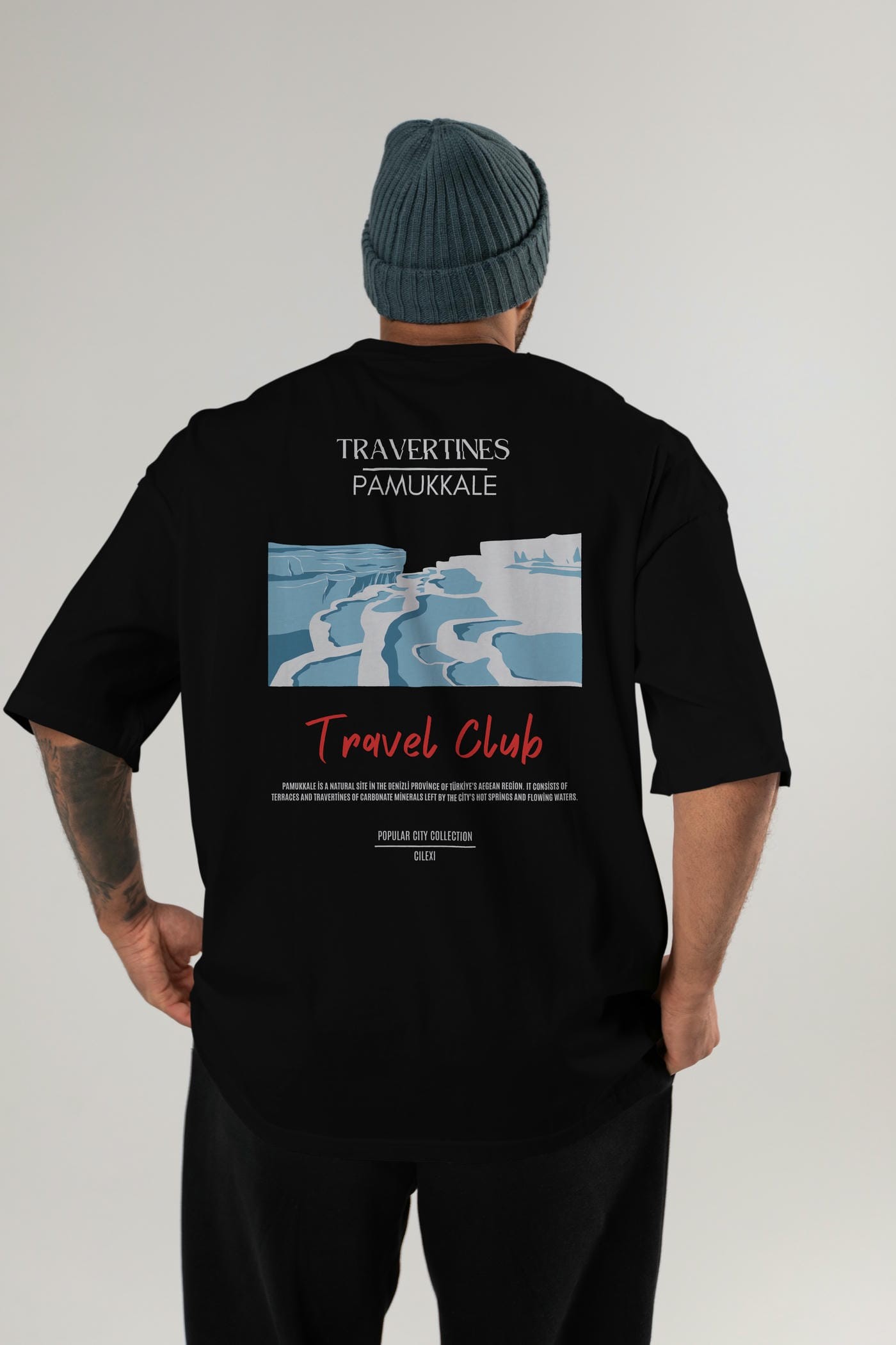 Travertines Pamukkale Arka Baskılı Oversize t-shirt Erkek Kadın Pamuk Bisiklet Yaka tişort
