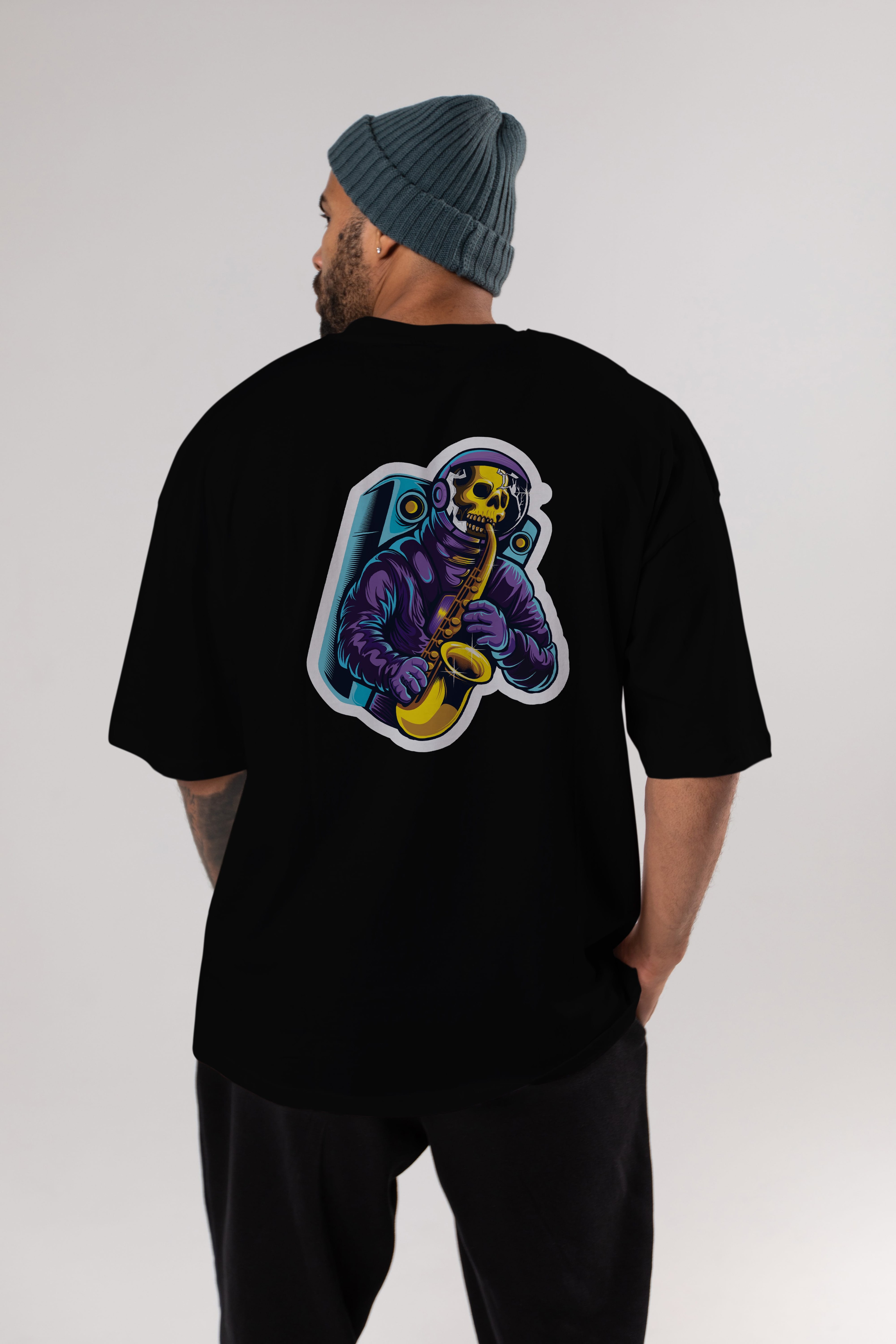 Astroskull Saxophonist Sticker Arka Baskılı Oversize t-shirt Erkek Kadın Unisex