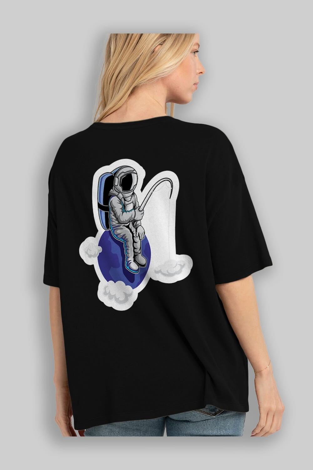 Astronaut Fishing Sticker Arka Baskılı Oversize t-shirt Erkek Kadın Unisex