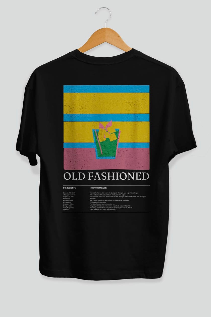 Old Fashioned Kokteyl Serisi Arka Baskılı Oversize t-shirt Erkek Kadın %100 Pamuk Bisiklet Yaka tişort