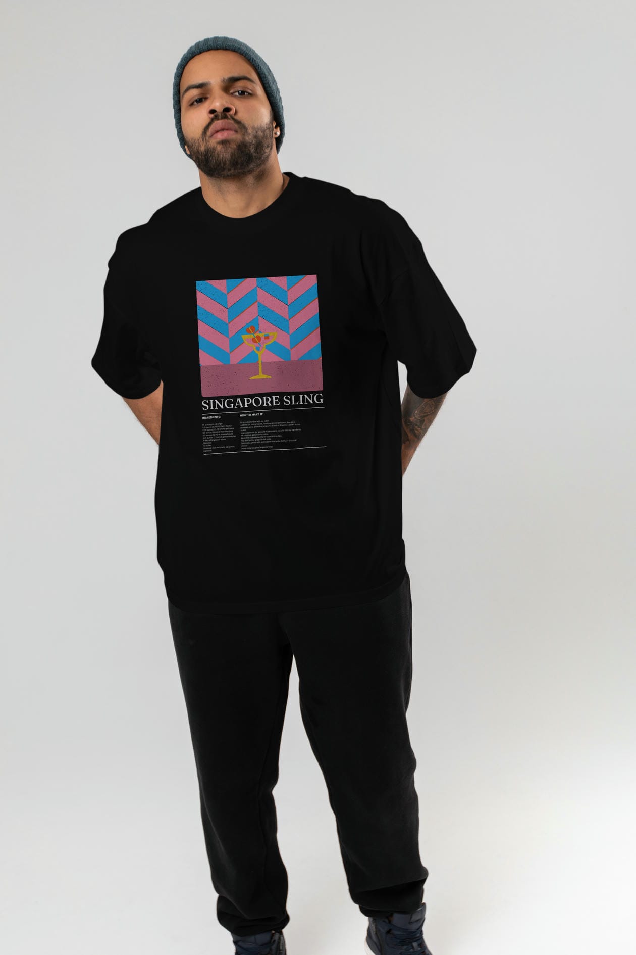 Sıngapore Sling Kokteyl Ön Baskılı Oversize t-shirt Erkek Kadın %100 Pamuk Bisiklet Yaka tişort