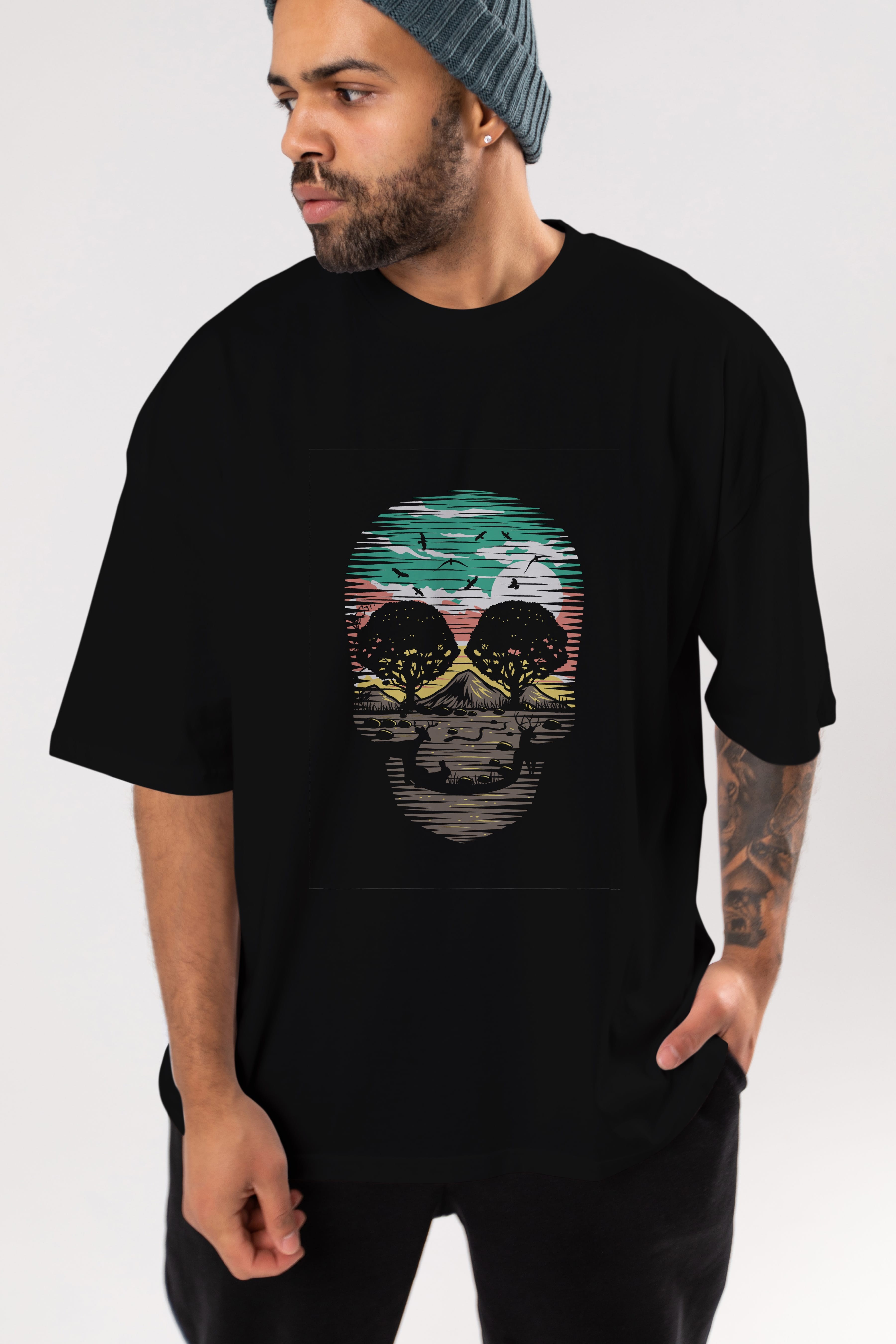 Skull Nature Ön Baskılı Oversize t-shirt %100 pamuk Erkek Kadın Unisex