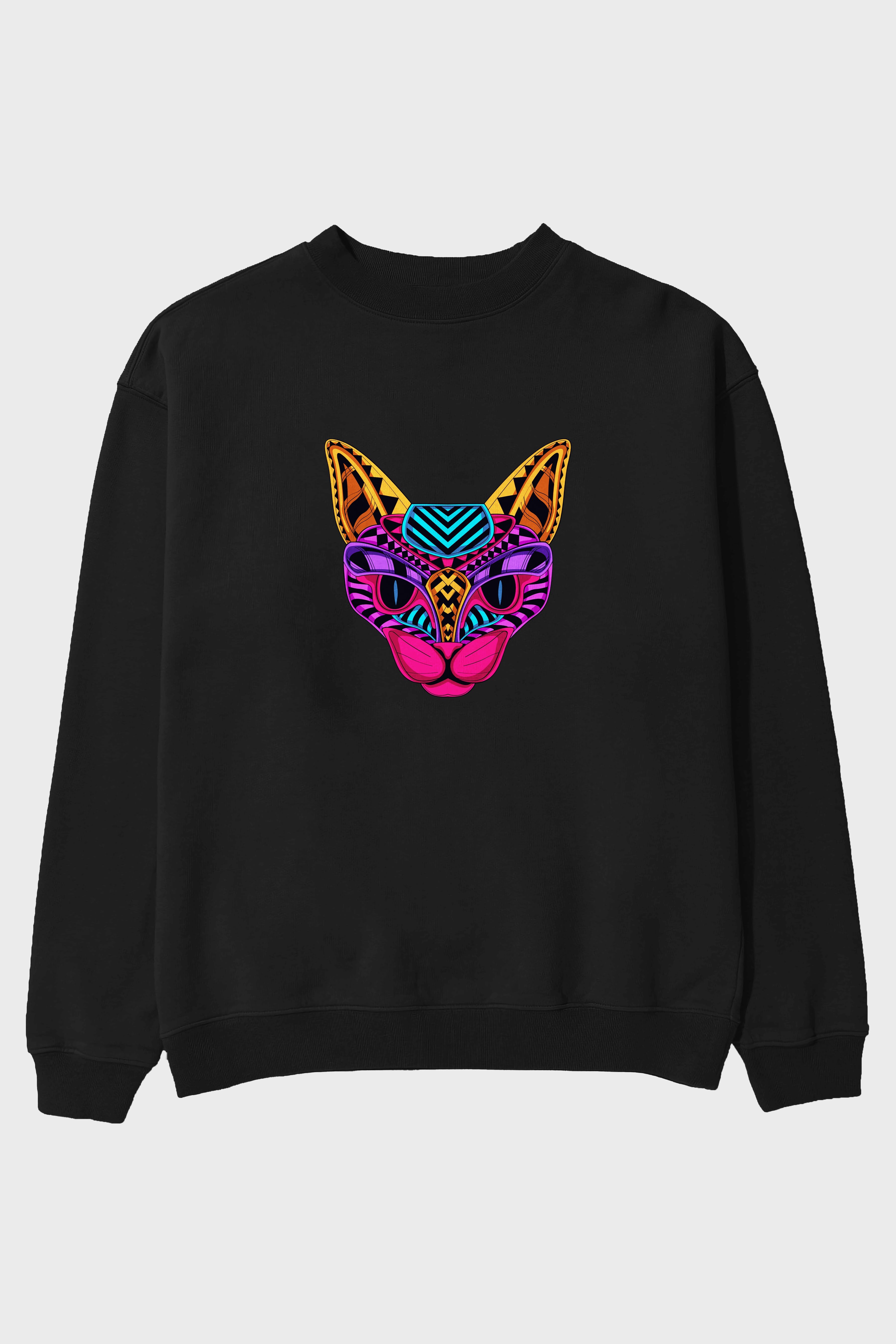 Black Neon Cat Ön Baskılı Oversize Sweatshirt Erkek Kadın Unisex