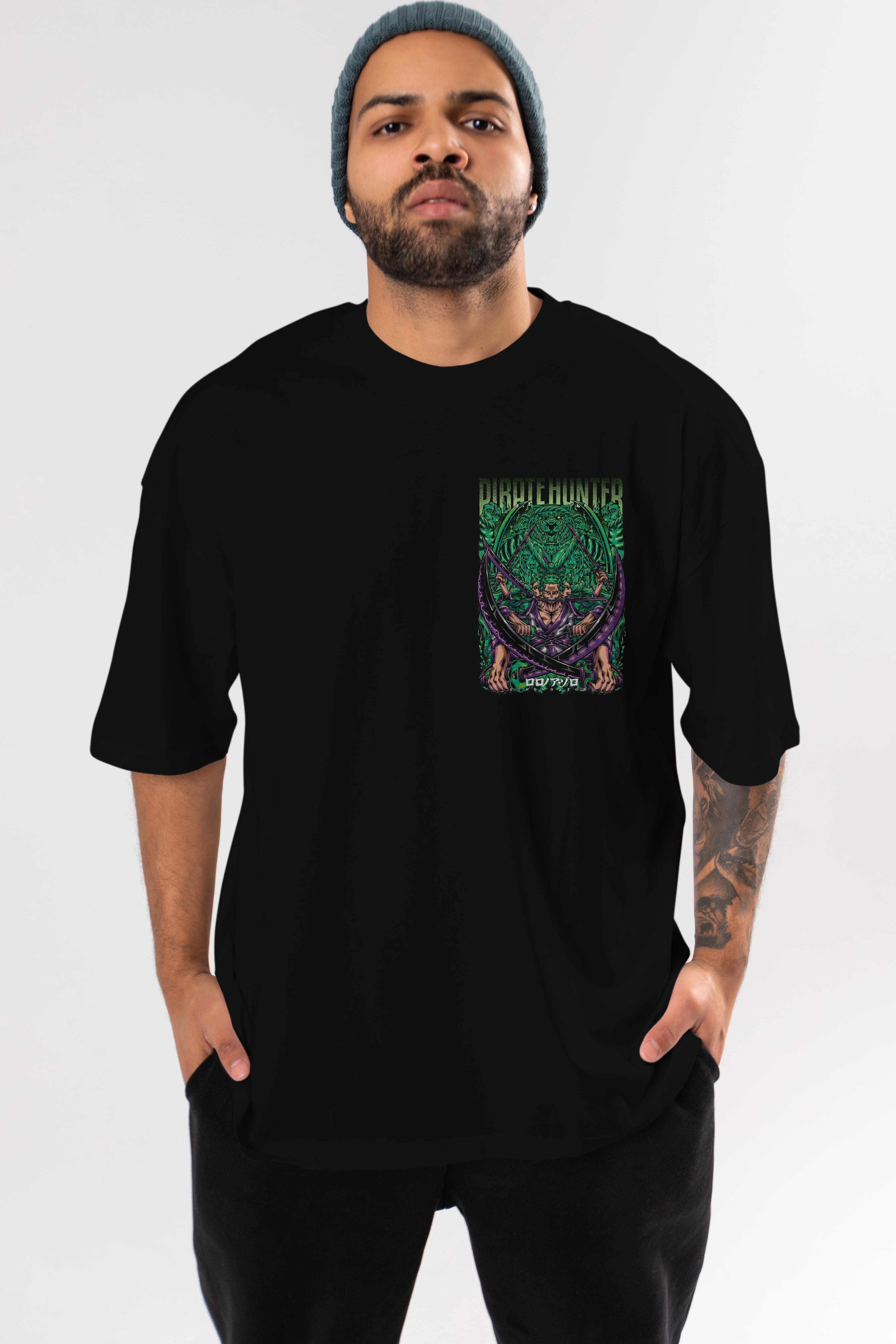 RORONOA ZORO 3 Ön Sol Baskılı Oversize t-shirt Erkek Kadın Unisex %100 Pamuk Bisiklet Yaka tişort