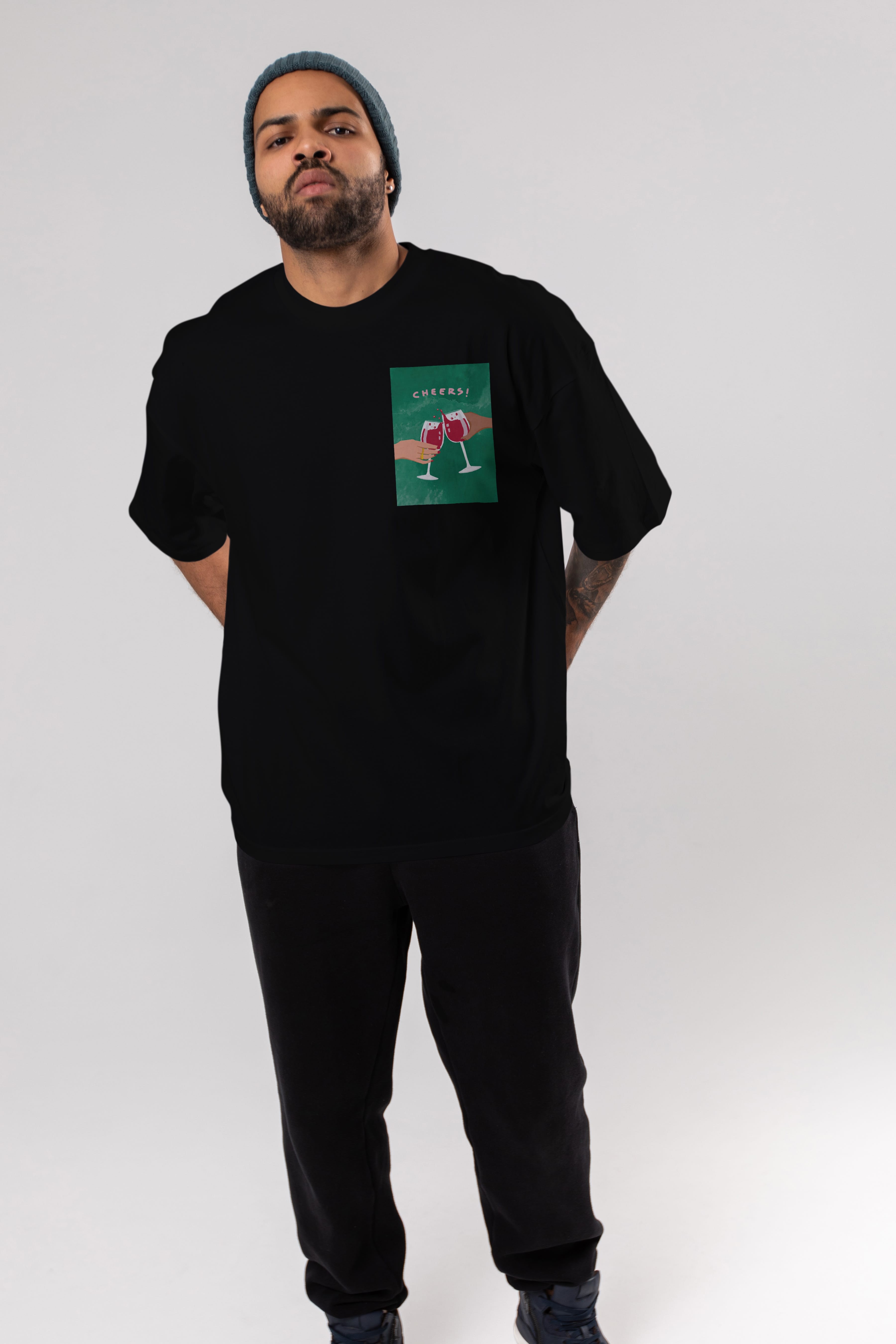 Cheers Ön Sol Baskılı Oversize t-shirt Erkek Kadın Unisex %100 Pamuk Bisiklet Yaka tişort