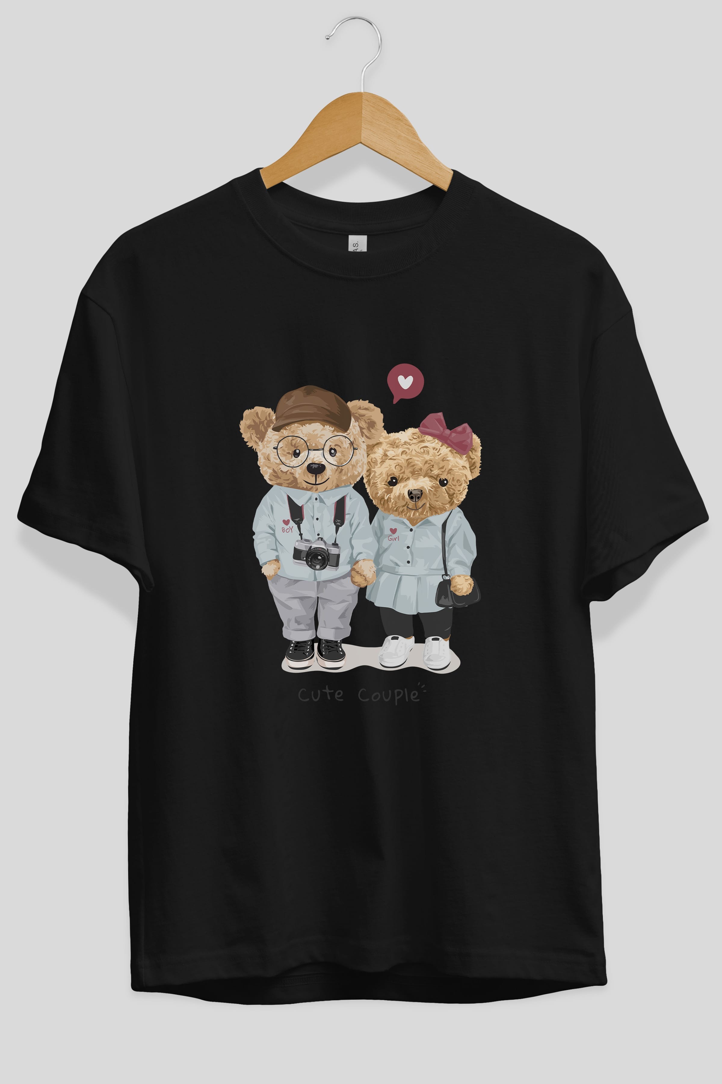 Teddy Bear Cute Couple Ön Baskılı Oversize t-shirt Erkek Kadın Unisex %100 Pamuk