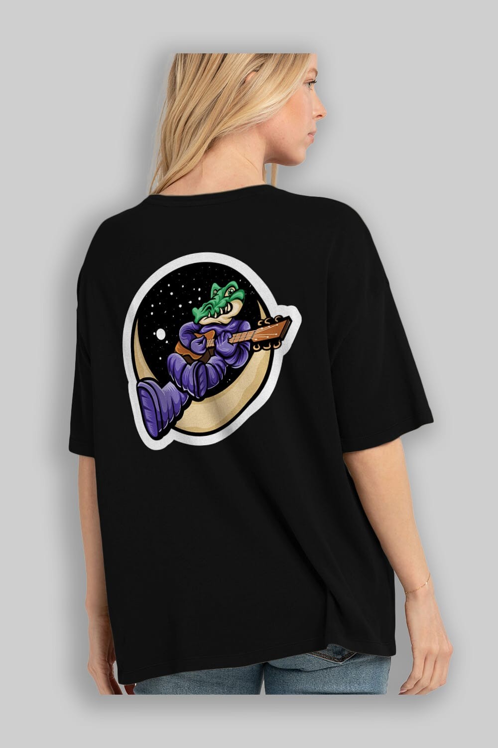 Space Crocodile Sticker Arka Baskılı Oversize t-shirt Erkek Kadın Unisex