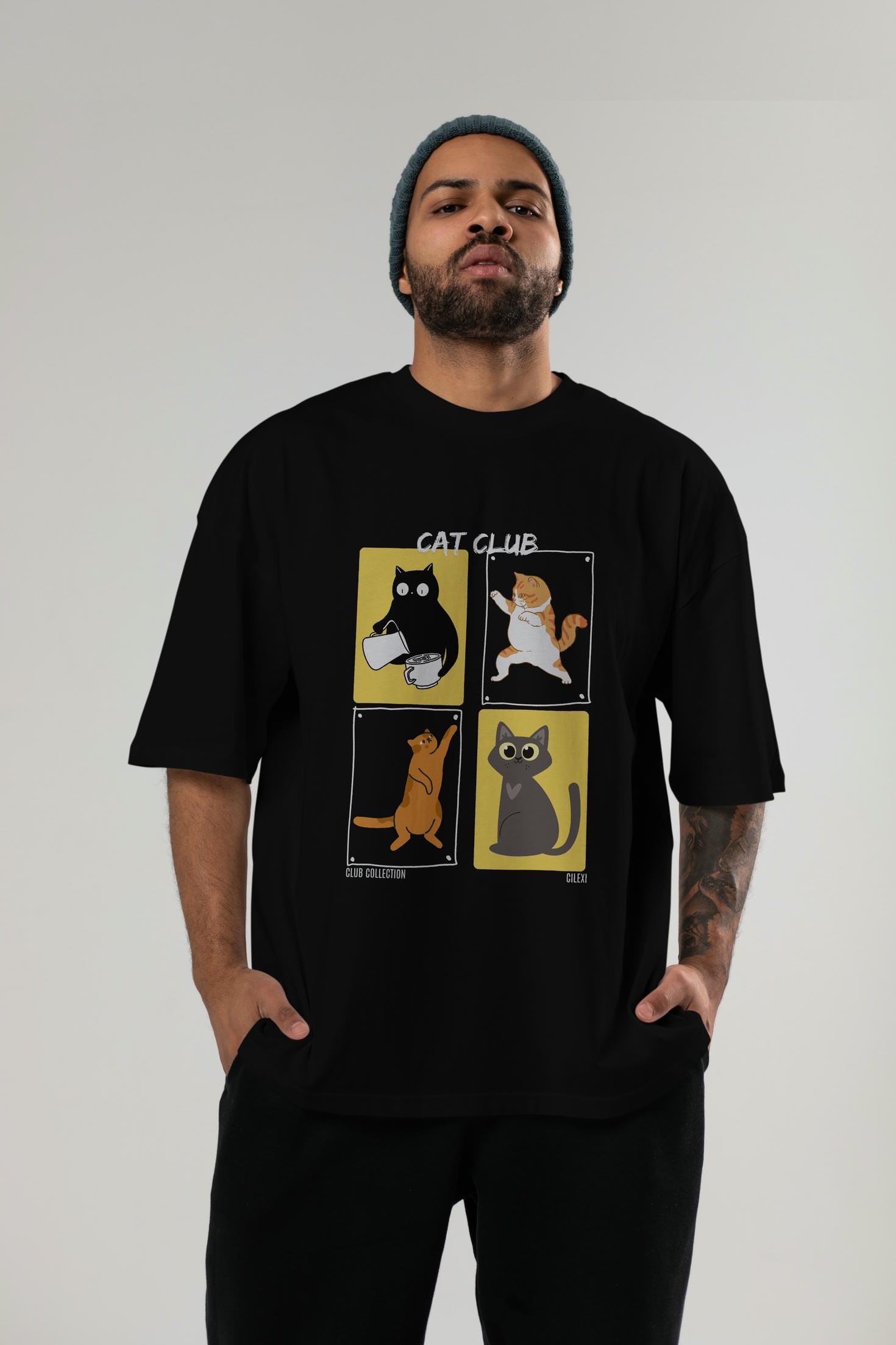 Cat Club ön Baskılı Oversize t-shirt Erkek Kadın %100 Pamuk Bisiklet Yaka tişort