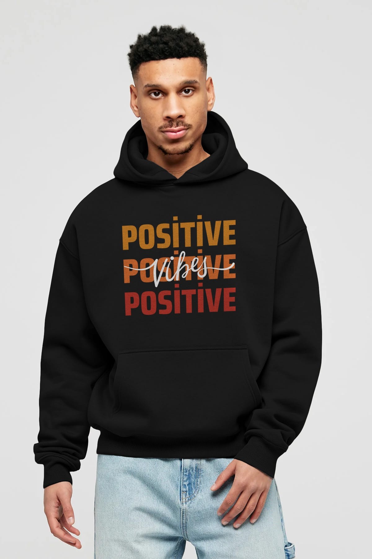 Positive Vibes 2 Ön Baskılı Oversize Hoodie Kapüşonlu Sweatshirt Erkek Kadın Unisex