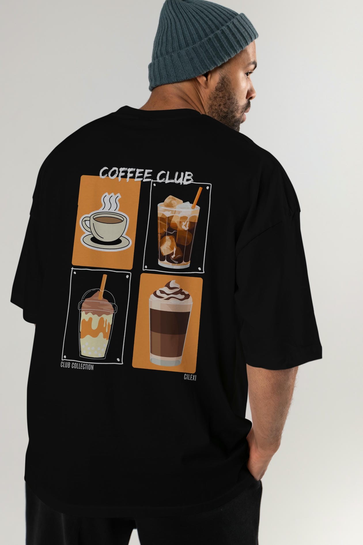 Coffee Club Arka Baskılı Oversize t-shirt Erkek Kadın %100 Pamuk Bisiklet Yaka tişort