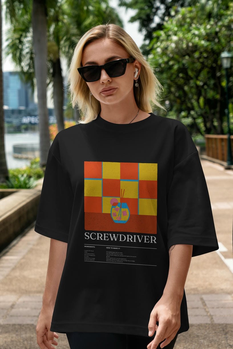 Screwdriver Kokteyl Ön Baskılı Oversize t-shirt Erkek Kadın %100 Pamuk Bisiklet Yaka tişort