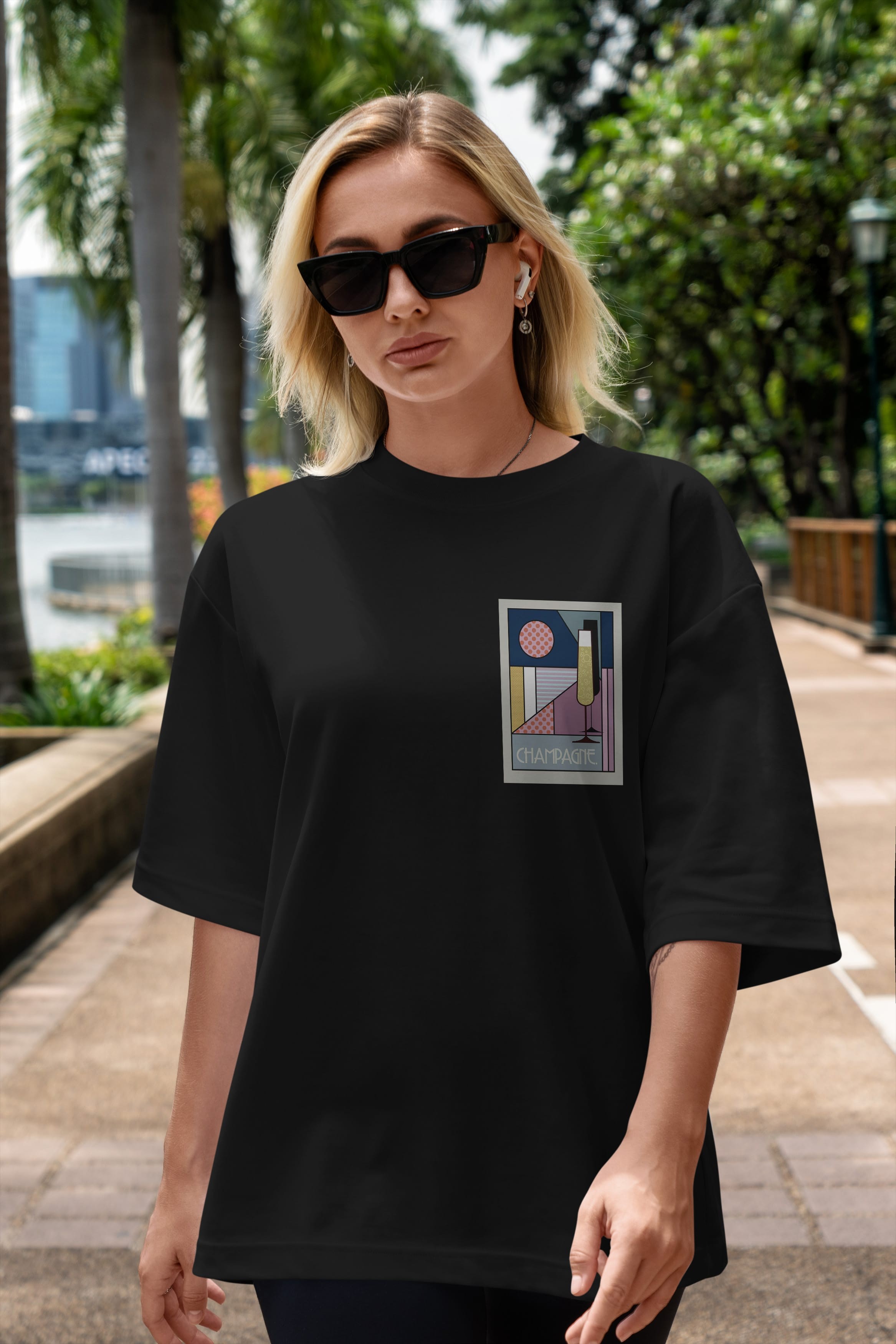 Champagne Ön Sol Baskılı Oversize t-shirt Erkek Kadın Unisex %100 Pamuk Bisiklet Yaka tişort