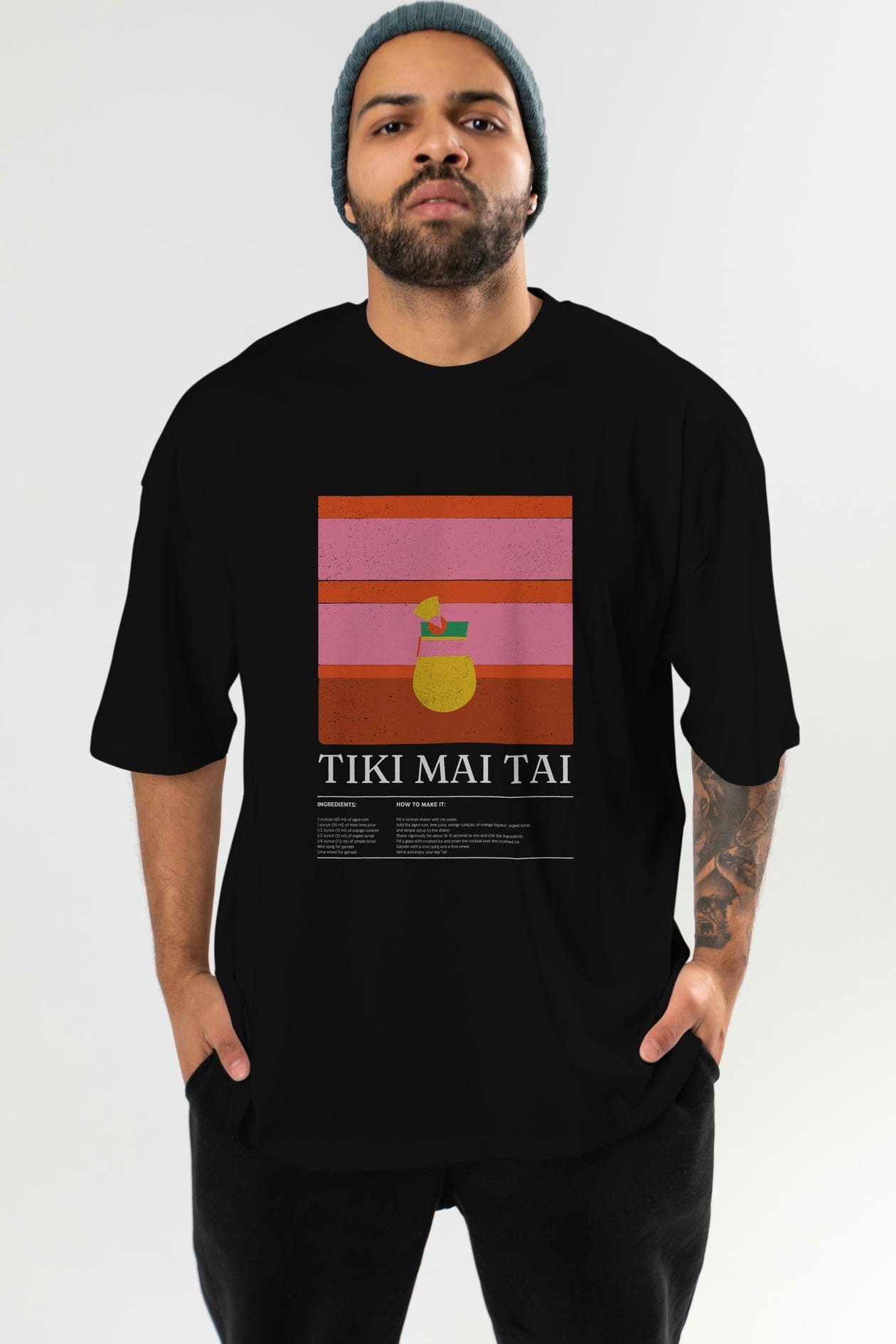 Tiki Mai Tai Kokteyl Ön Baskılı Oversize t-shirt Erkek Kadın %100 Pamuk Bisiklet Yaka tişort