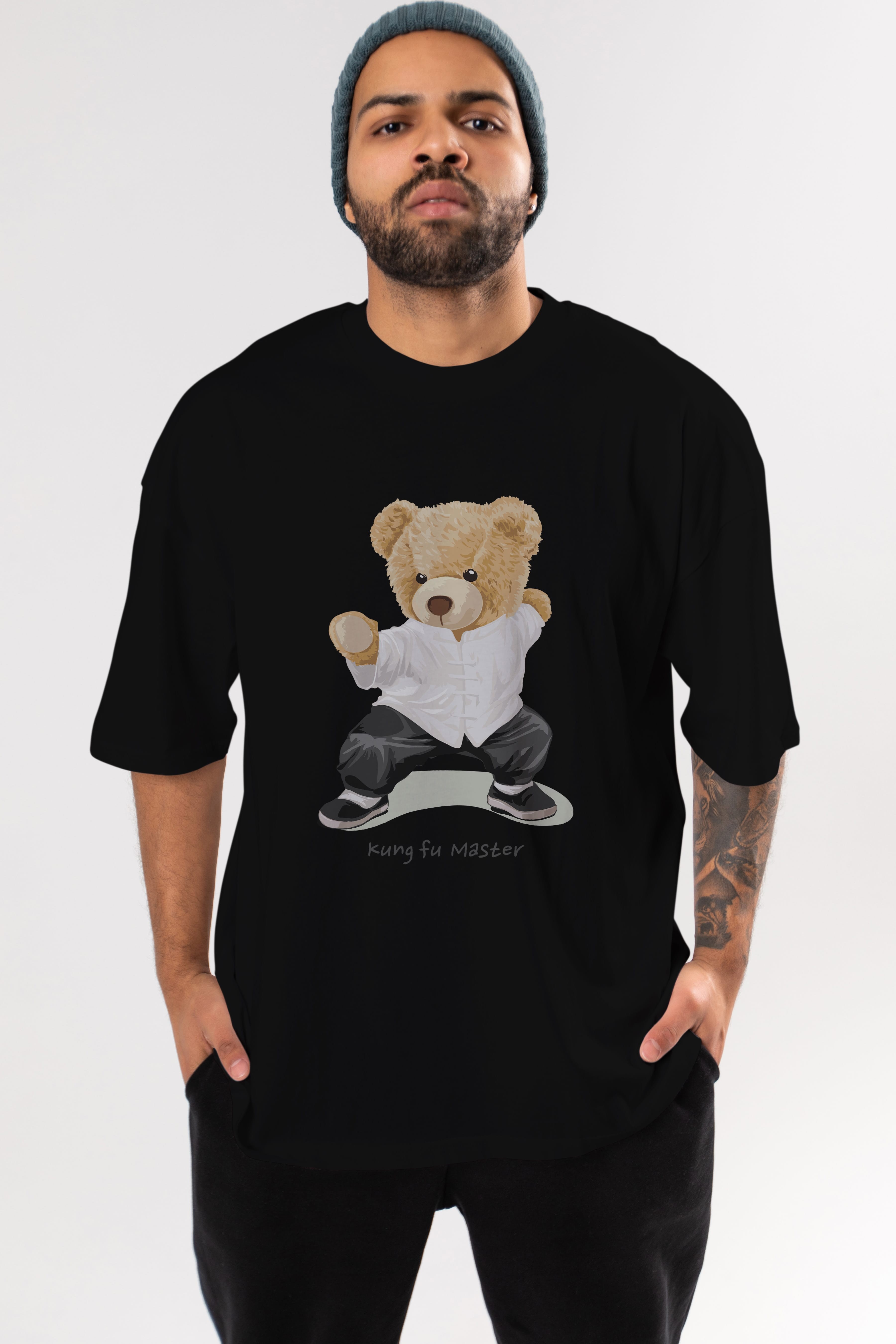 Teddy Bear Kung Fu Master Ön Baskılı Oversize t-shirt Erkek Kadın Unisex %100 Pamuk