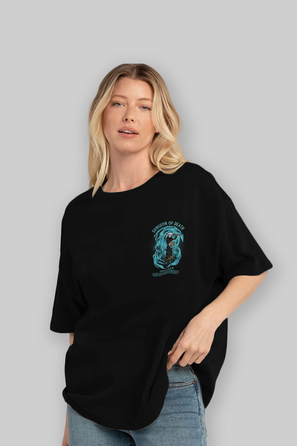 Trafalgad D. Water Law Ön Sol Baskılı Oversize t-shirt Erkek Kadın Unisex %100 Pamuk Bisiklet Yaka tişort