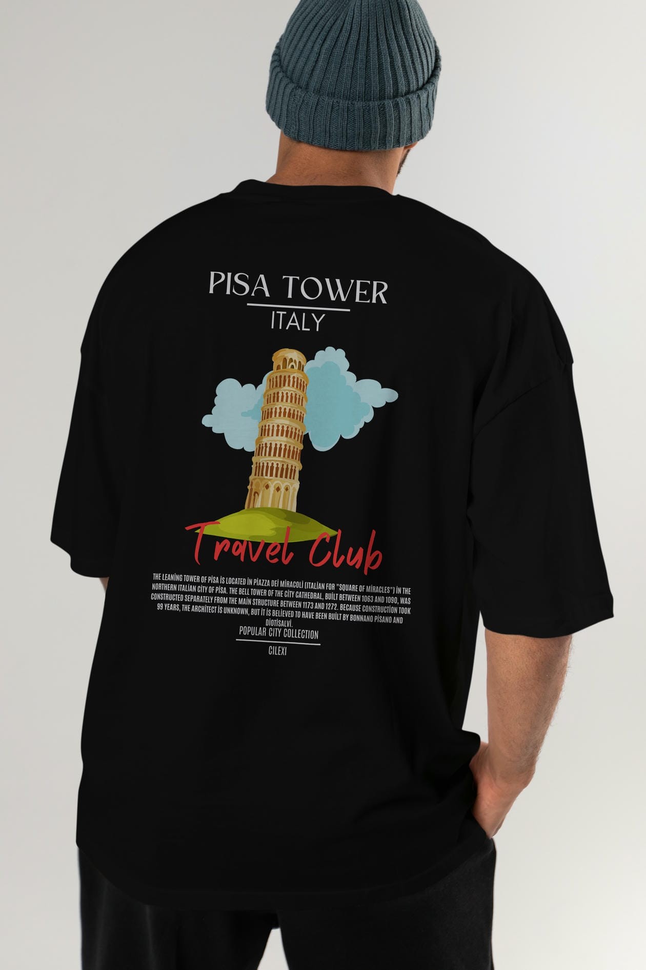 Pisa Tower İtaly Arka Baskılı Oversize t-shirt Erkek Kadın Pamuk Bisiklet Yaka tişort