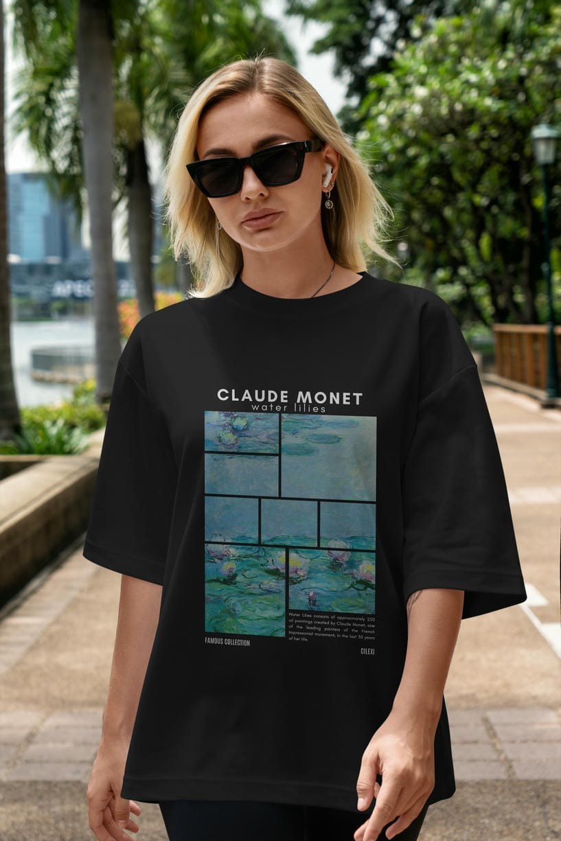 Claude Monet ön Baskılı Oversize t-shirt Erkek Kadın Bisiklet Yaka Pamuk tişort